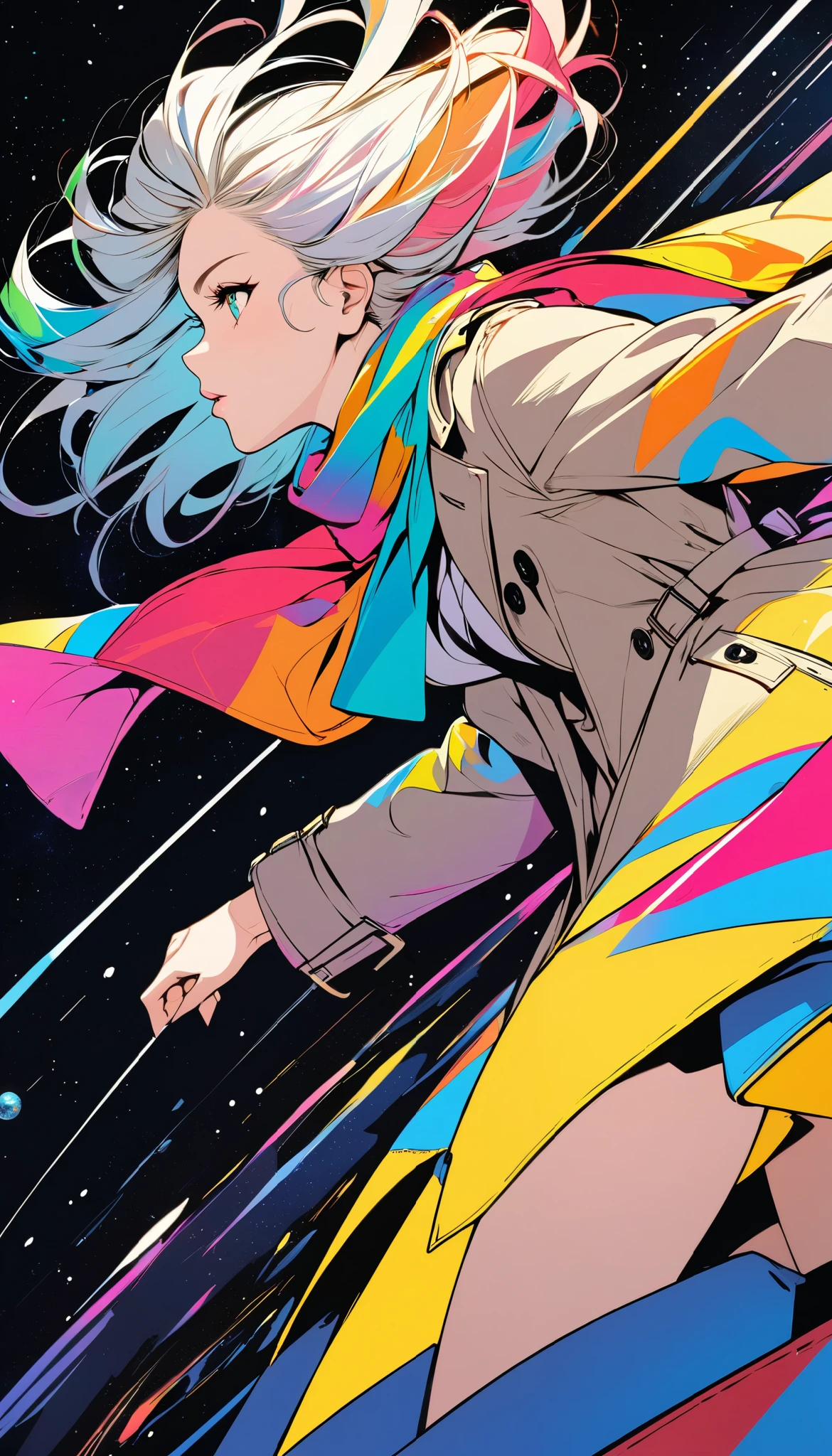 (masterpiece, top quality :1.2), (Dynamic angle, Dutch angle), a woman, solo, (she is wearing a very colorful and vibrant trench coat, and a muted colored scarf is fluttering in the wind, ABM), the ends of which seamlessly form a pop art imitation of space, 