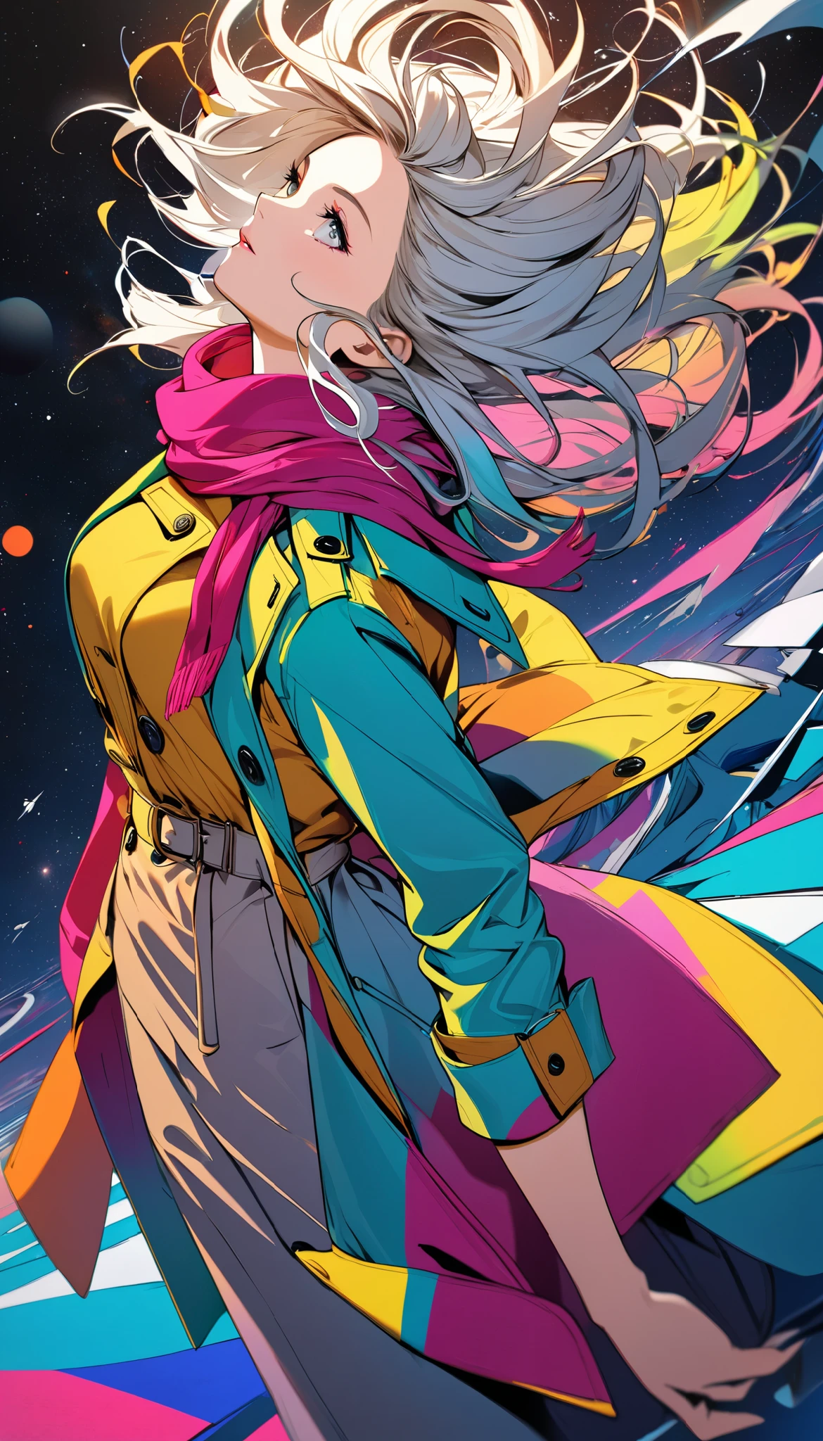 (masterpiece, top quality :1.2), (Dynamic angle, Dutch angle), a woman, solo, (she is wearing a very colorful and vibrant trench coat, and a muted colored scarf is fluttering in the wind, ABM), the ends of which seamlessly form a pop art imitation of space, 