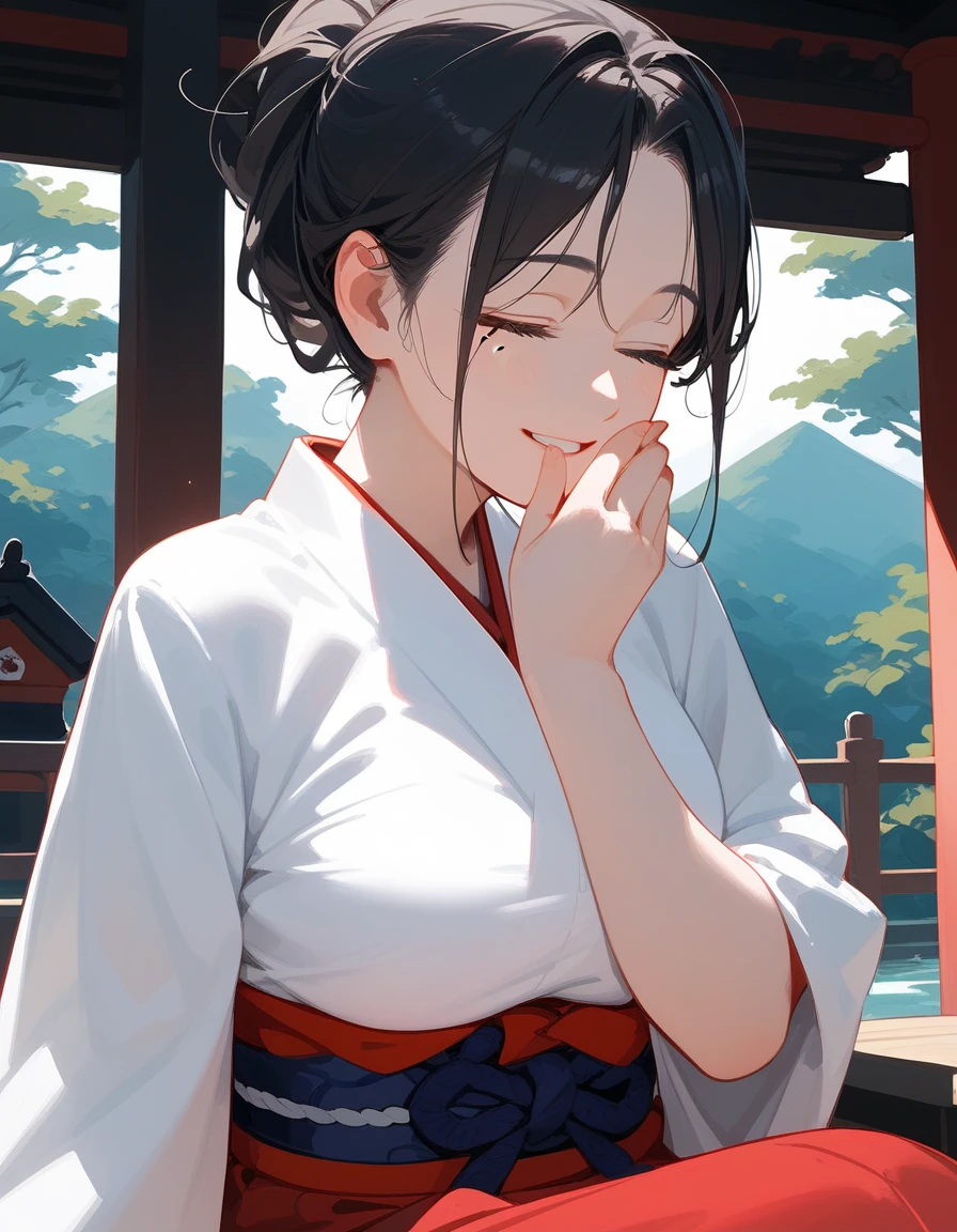 alone,girl,White Japanese dress ,thin,Smiling with the corners of the mouth,Bangs,Brown-black hair,Have a moleใต้ตา, Long Sleeve Shirt,puberty ,Smile faintly, black undershirt,Low ponytail,Mother,Have a mole, black background, sitting on a wooden chair, without eyes,Kimono set, close their eyes,close eyes, in black eyes,Left eye mole,fit, Long Red Skirt, ,Beautiful fingers,Sitting in the Shrine ,Hand covering mouth