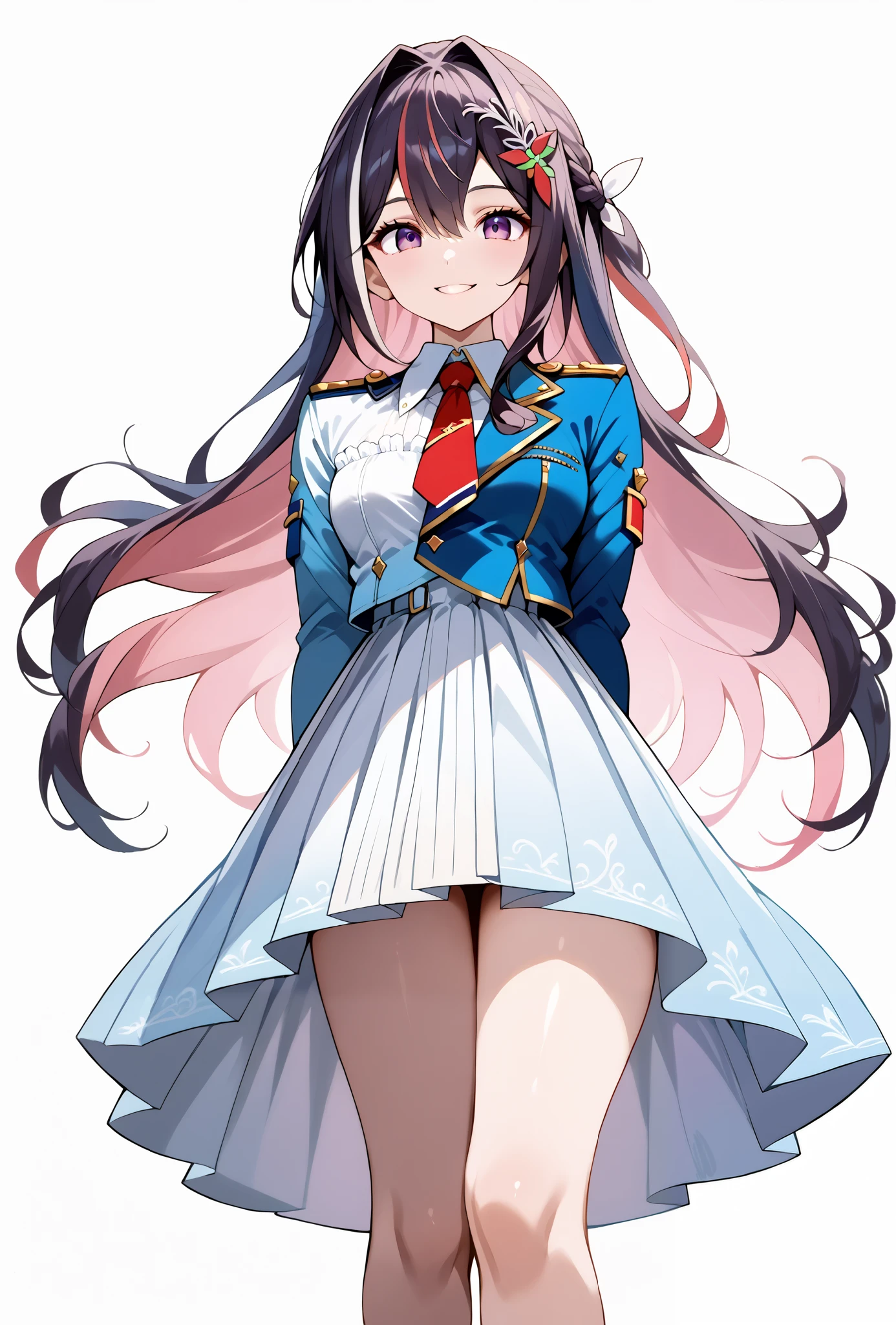 score_9, score_8_up, score_7_up, source_anime, 4K,perfect fingers,(perfect hands, perfect anatomy),prefect lighting, very aesthetic, intricate details,highly detailed background, masterpiece, high quality, best quality,
1girl,Azki, multicolored hair, long hair, french braid, hair ornament, large breast,
wearing ((headgear,shrug \(clothing\),blue jacket,cropped jacket,short dress,two-tone dress,white dress,blue dress,collared dress,pleated dress,red necktie, )),
looking at the spectator, cowboy shot, filed, Arms Behind Back, high thigh individual , (large breasts:0.9),Stand up,fullbody,((White plain background:1.5)) ,smile,((front look:1.5)),