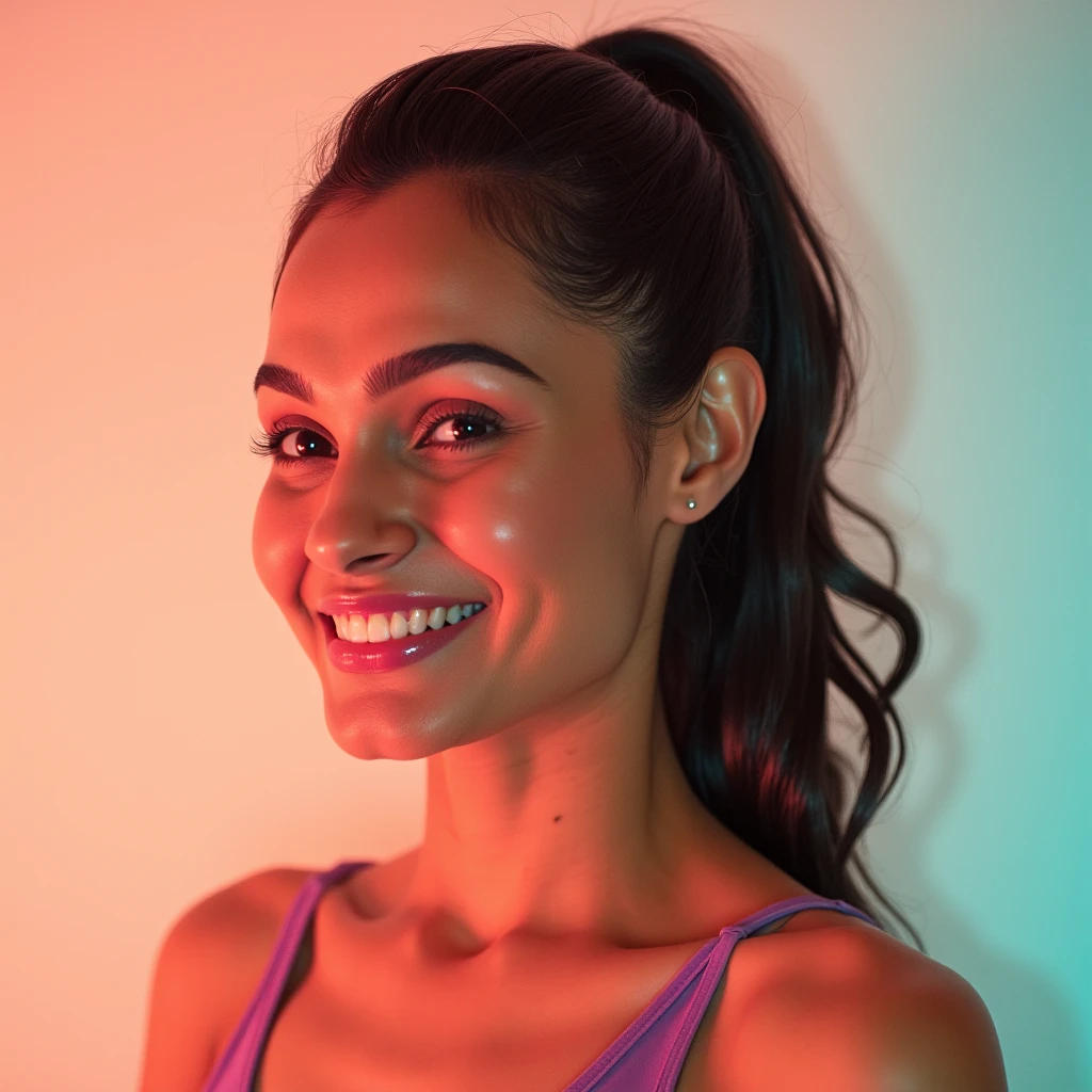 dutch angle photo of Andrea Jeremiah woman,candid photo with natural colors, smiling expression on face,studio quality,wearing micro bikini, high ponytail, pastel shaded multicolored background, cinematic soft lighting