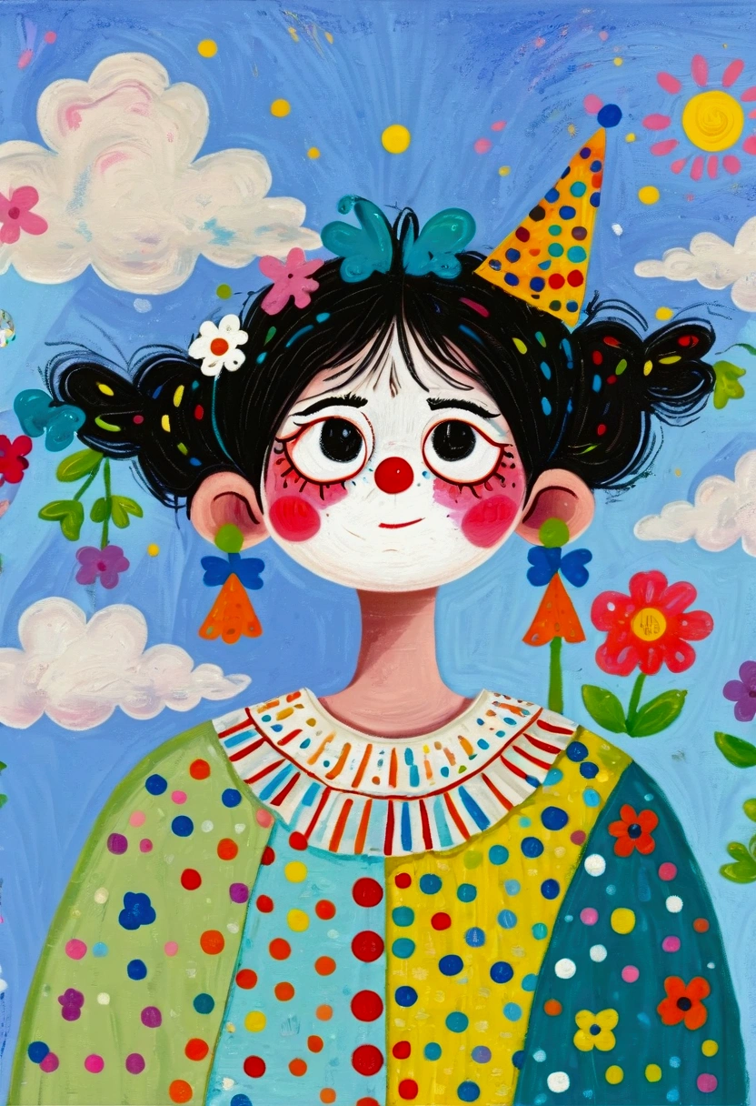 (((Childish Art，Pastel Painting，Oil painting Stick painting ，Thick coating，Texture)))：crazy clown，2D，A white cloud above your head，A beautiful little white flower bloomed on the shoulder