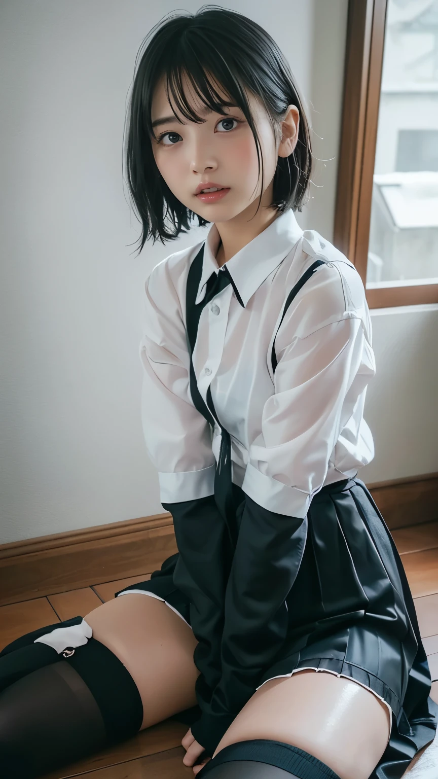 NSFW、 1 girl、 knee socks、solo、サイハイブーツ、 black skirt、Black footwear、(((masterpiece、 high res、 top quality )))、solo、 blond hair、 lying on your back to stare、 staring at viewers 、 open her mouth 、solo、blush、Wet clothes、heart、 raises arms、 wet、 short hair、transformation、 white panties、Himiko Toga、BDSM、Binding、Constraints、ボンデージrope、rope、Tied up、Constraintsされた体