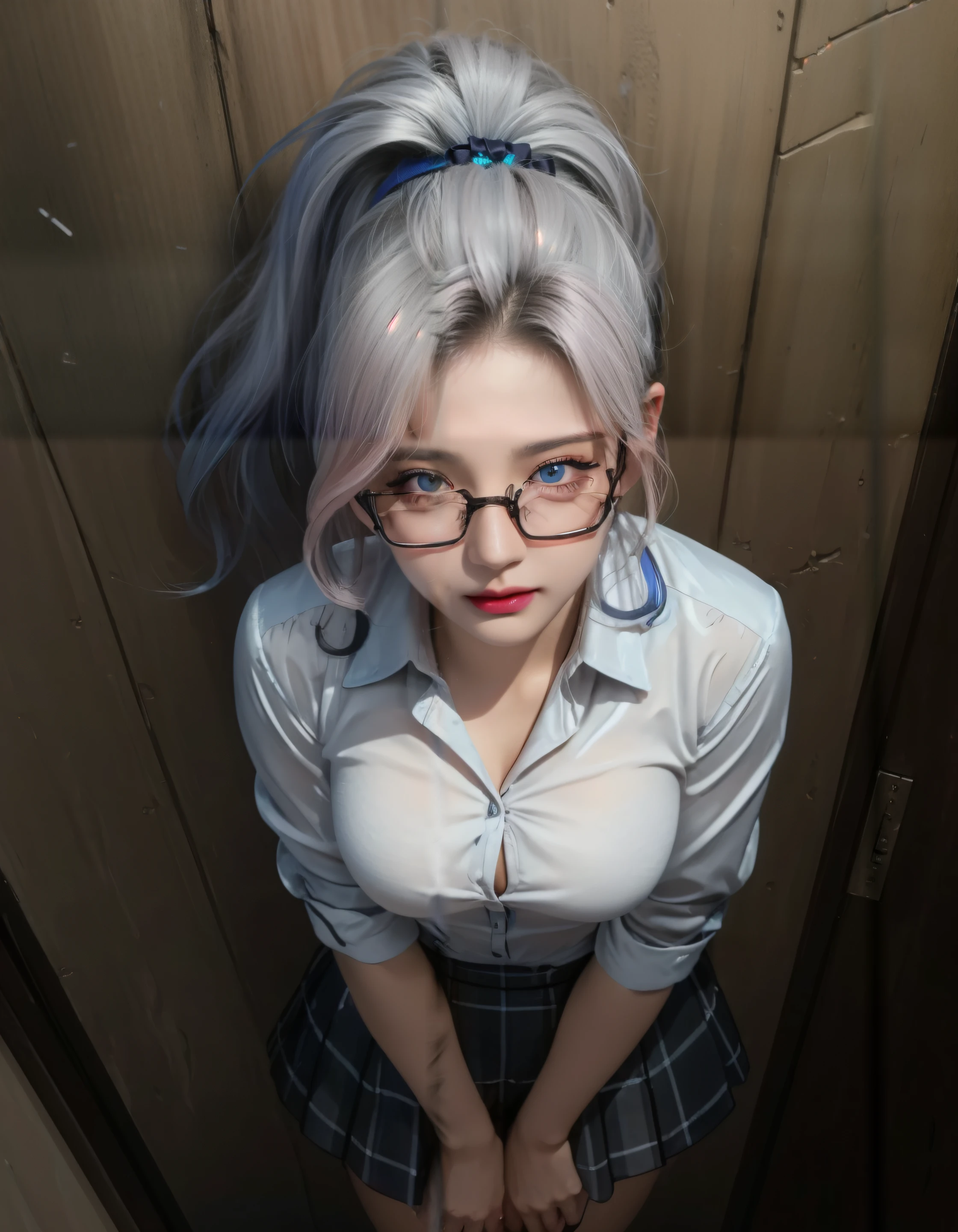 (Masterpiece, Best quality: 1.2), Yoru(Chainsaw man),(Very detailed face, Real image, Realistic skin, Realistic body, Intricate details), Red eyes (scary look), Light blush, social clothes, Half-open button-down shirt (White), White bra, Skirt (black), Black belt with buckle, Short hair, Glasses, Small breasts, Close-up, upper legs, Classroom, blackboards.