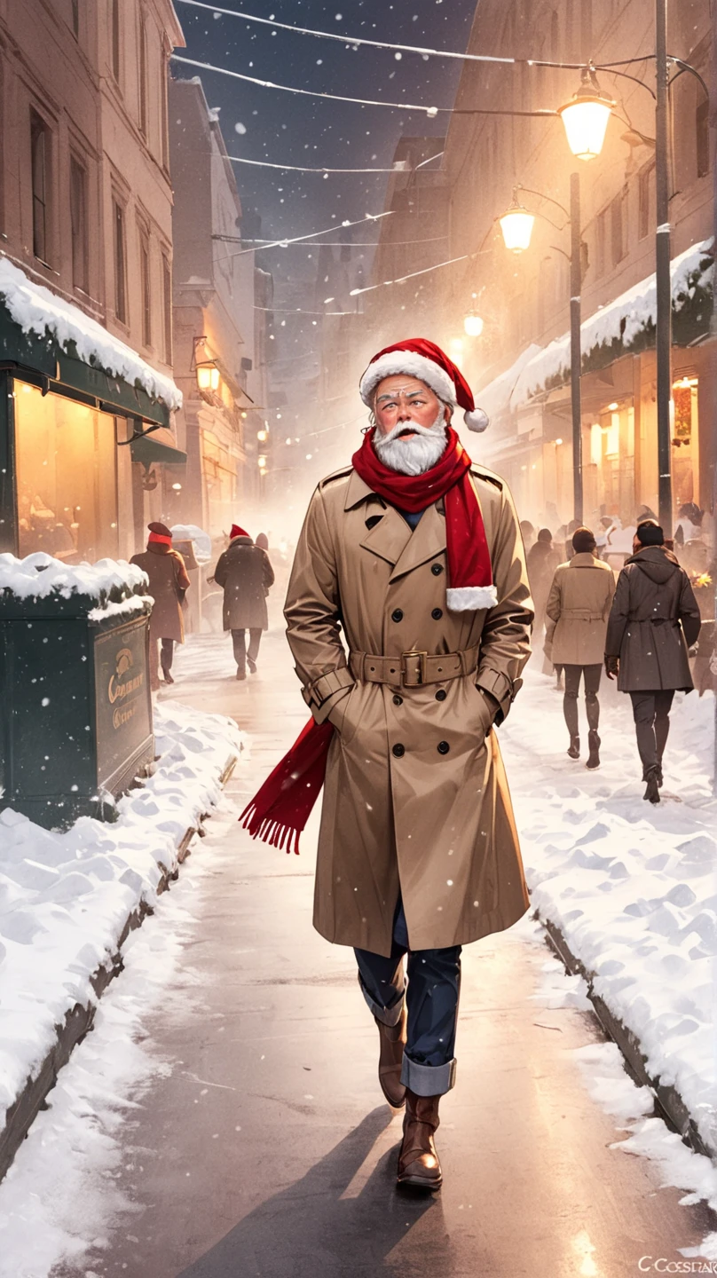 solo, santa claus, walking, trench coat, scarf, looking away, cold breath, ccsanta