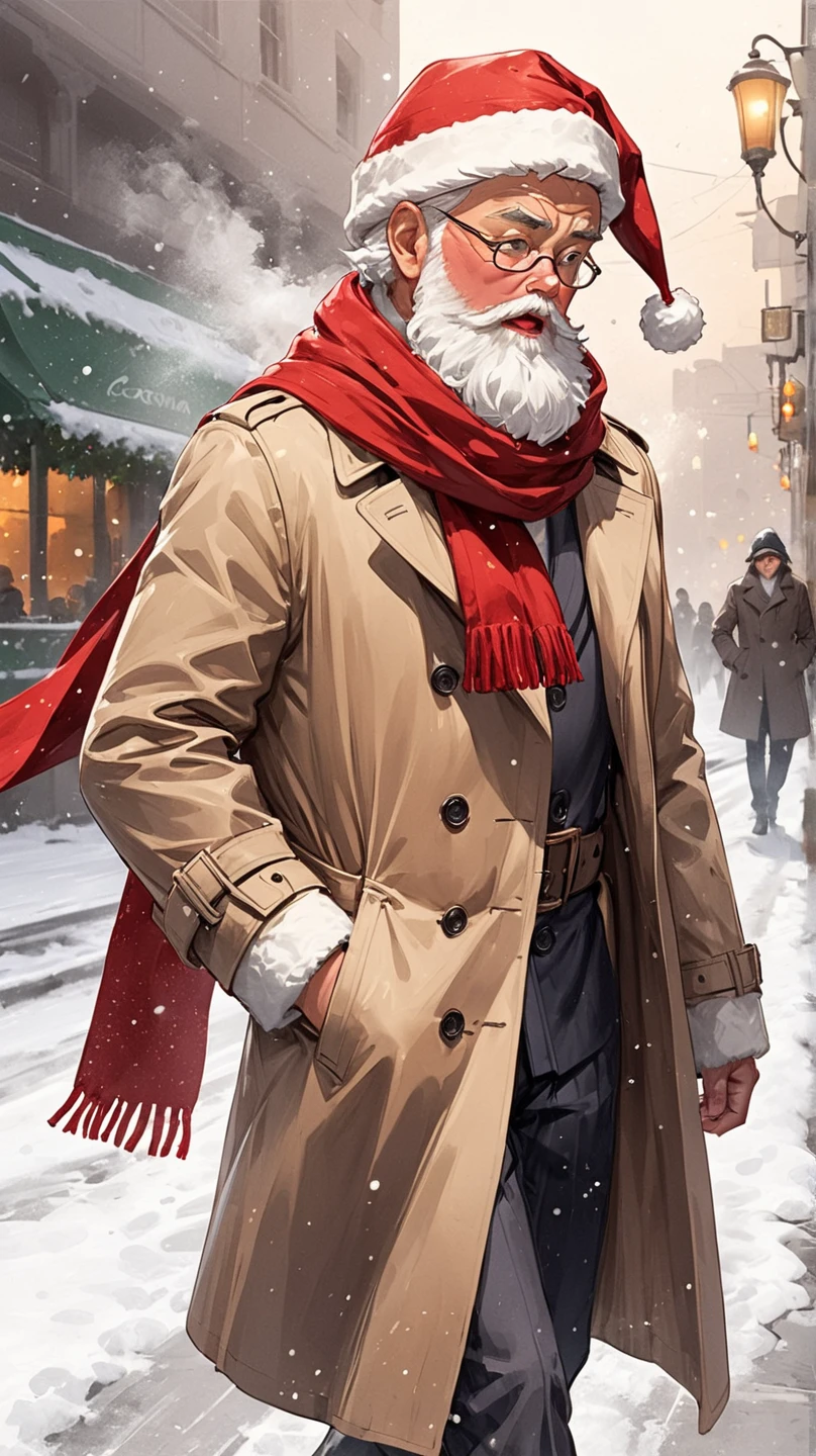 solo, santa claus, walking, trench coat, scarf, looking away, cold breath, ccsanta