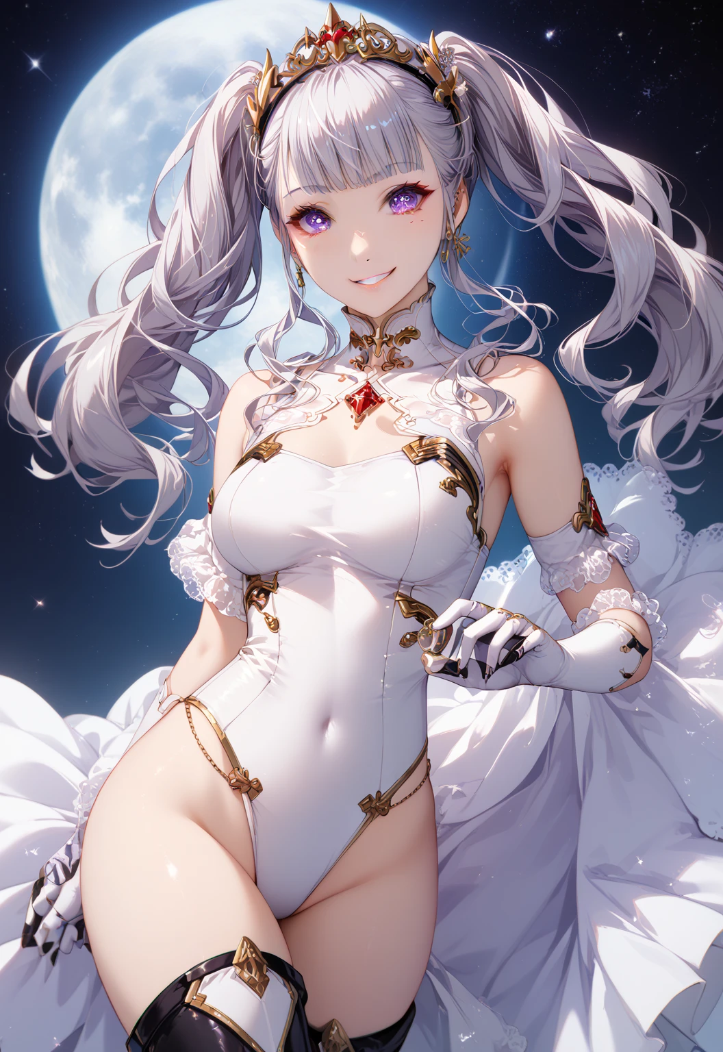   detailed background,  pubic skin ,   pose, rating safe,   Half Open Eyes , enchanting evil smile    , Cure Beauty ,,(   Very beautiful anime style:1.2),(   Silver Hair), cowboy shot, (  Evil Smiles :1.2),(Inside the base:1.6), (shiny evil leotard:1.4,)