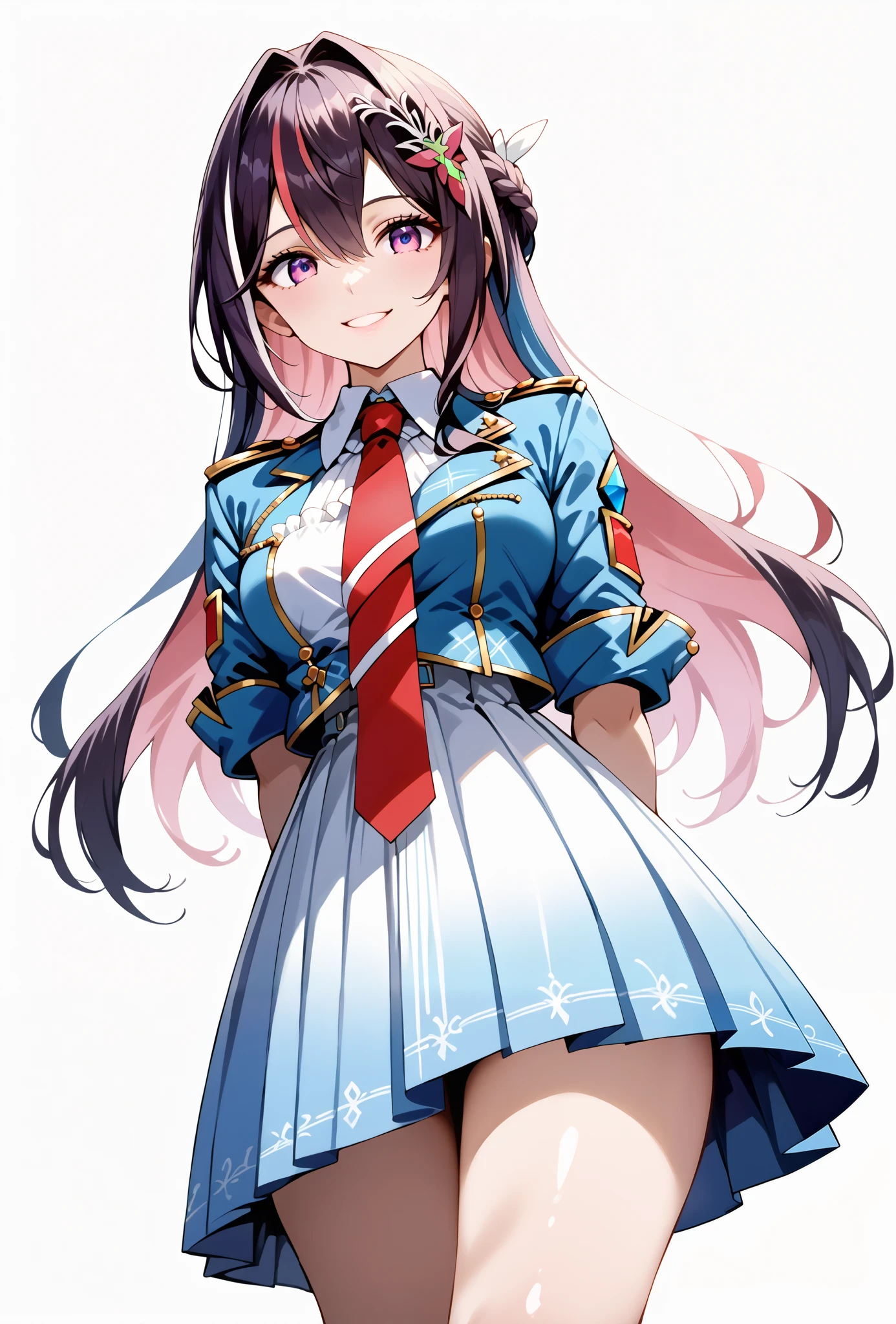 score_9, score_8_up, score_7_up, source_anime, 4K,perfect fingers,(perfect hands, perfect anatomy),prefect lighting, very aesthetic, intricate details,highly detailed background, masterpiece, high quality, best quality,
1girl,Azki, multicolored hair, long hair, french braid, hair ornament, large breast,
wearing ((headgear,shrug \(clothing\),blue jacket,cropped jacket,short dress,two-tone dress,white dress,blue dress,collared dress,pleated dress,red necktie,short sleeves,white gloves,   )),
looking at the spectator, cowboy shot, filed, Arms Behind Back, high thigh individual , (large breasts:0.9),Stand up,fullbody,((White plain background:1.5)) ,smile,((front look:1.5)),