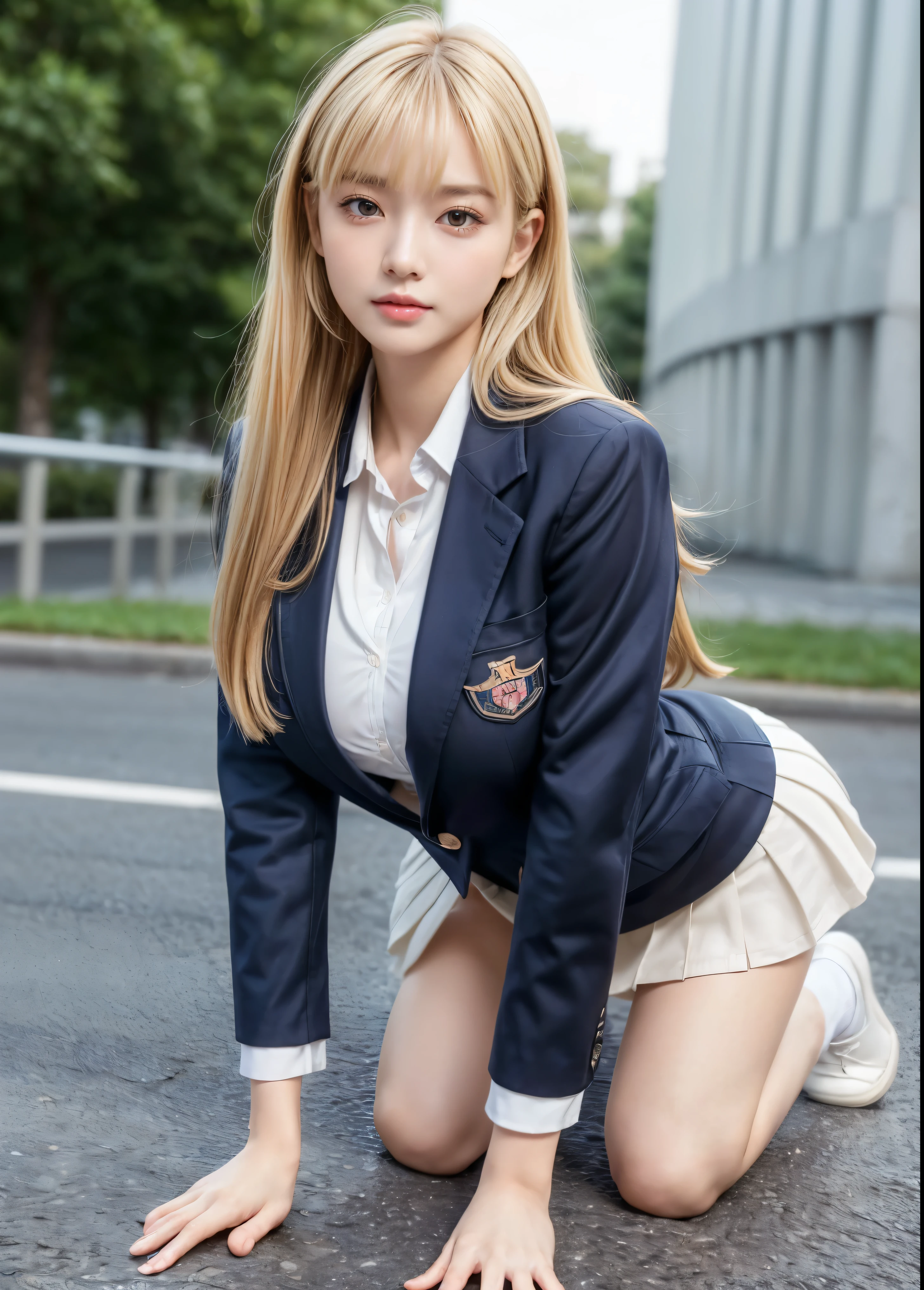 160 cm per woman, Short neck:1.3, Short torso:1.3,  is leggy:1.3, Slanted Eyes, Very big eyes, Thin lips, ((:1.2)), (((Super big breasts))), (((Saggy super huge breasts))), eye make‐up, ((Long hair)), Patsun, (((Blonde))), Big Ass, Slim body, (Muscular), ((boyish)), Small areola, Very delicate legs, realistic body, shiny skin, Big pretty face, Pretty face, beautiful woman, illustration style, japanese, (RAW photo, masterpiece:1.2), ultra detailed, ultra high res, (realistic), (extremely detailed beautiful girl, photo realistic:1.37), high detail RAW color photo, professional photograph, an extremely delicate and beautiful, extremely detailed, huge file size, official art, (((smile))), ((( high school girl uniform))), ((( blazer uniform:1.5))), (((I can see my panties when I'm on all fours with my skirt rolled up:1.5))), (((miniskirt:1.5))), (((Picking up a bag from the ground:1.5))), (((road:1.5))), (((White cotton panties:1.5))), oafer, (((Highlight the panties:1.5))), ((( full body shot:1.5))), ((( on all fours:1.5))), ((( Highlight Buttocks :1.5))), ((( back view:1.5)))