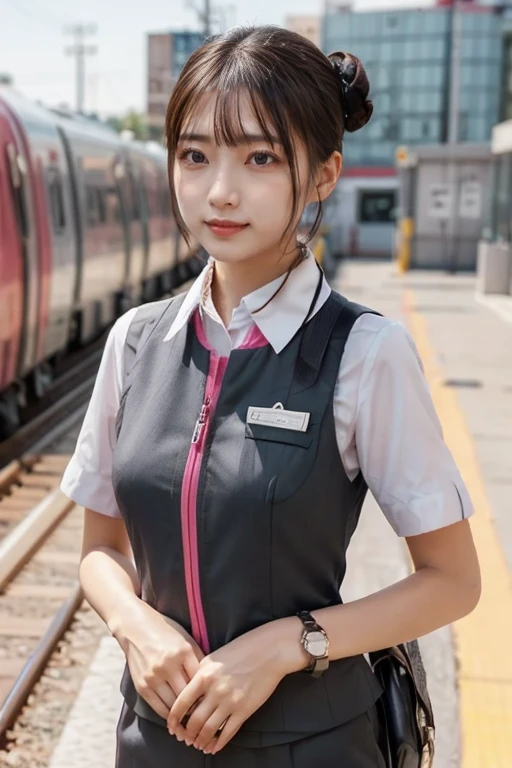  like an idol , long hair , straight hair , Round face , bust up , (masterpiece:1.2,  top quality :1.2), 32kHDR,  high res, (Alone、 One Girl )、（At the station platform、  Professional Lighting ）、Empty station platform background 、（ the realistic style of the JR Gran Class crew uniform）、Short sleeve blouse、Scarf around the neck、（ JR Gran Class flight attendant uniform with pink parts on the sleeve of the skirt ）、（ JR Gran Class flight attendant uniform has a pink line on the front zipper of the vest..）、 dark brown hair 、（Hair Bun、Hair tied up）、 dark brown hair 、Long Hit、Big Breasts、（（ amazing hands：2.0）），（（harmonious body proportions：1.5）），（（Normal limbs：2.0）），（（Usually refers to：2.0）），（（Delicate eyes：2.0）），（（Normal eyes：2.0））)、Big Breasts、 a luxurious necklace 、smile、 beautiful standing, place your hands around your belly , viewers, close-up,