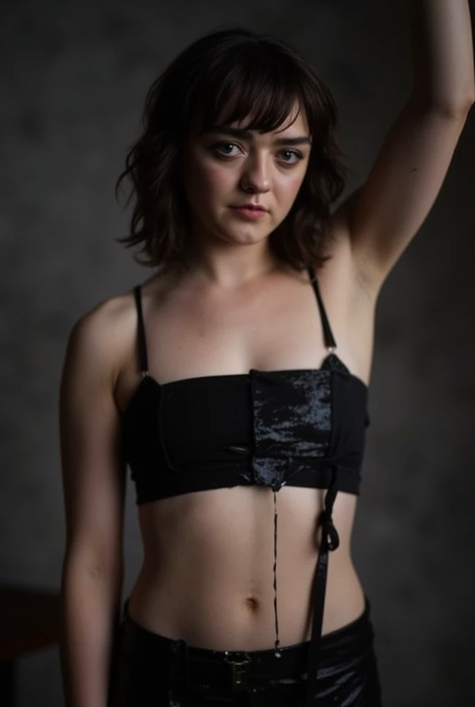 Maisie Williams,wet black midriff tied shirt,sensual pose 