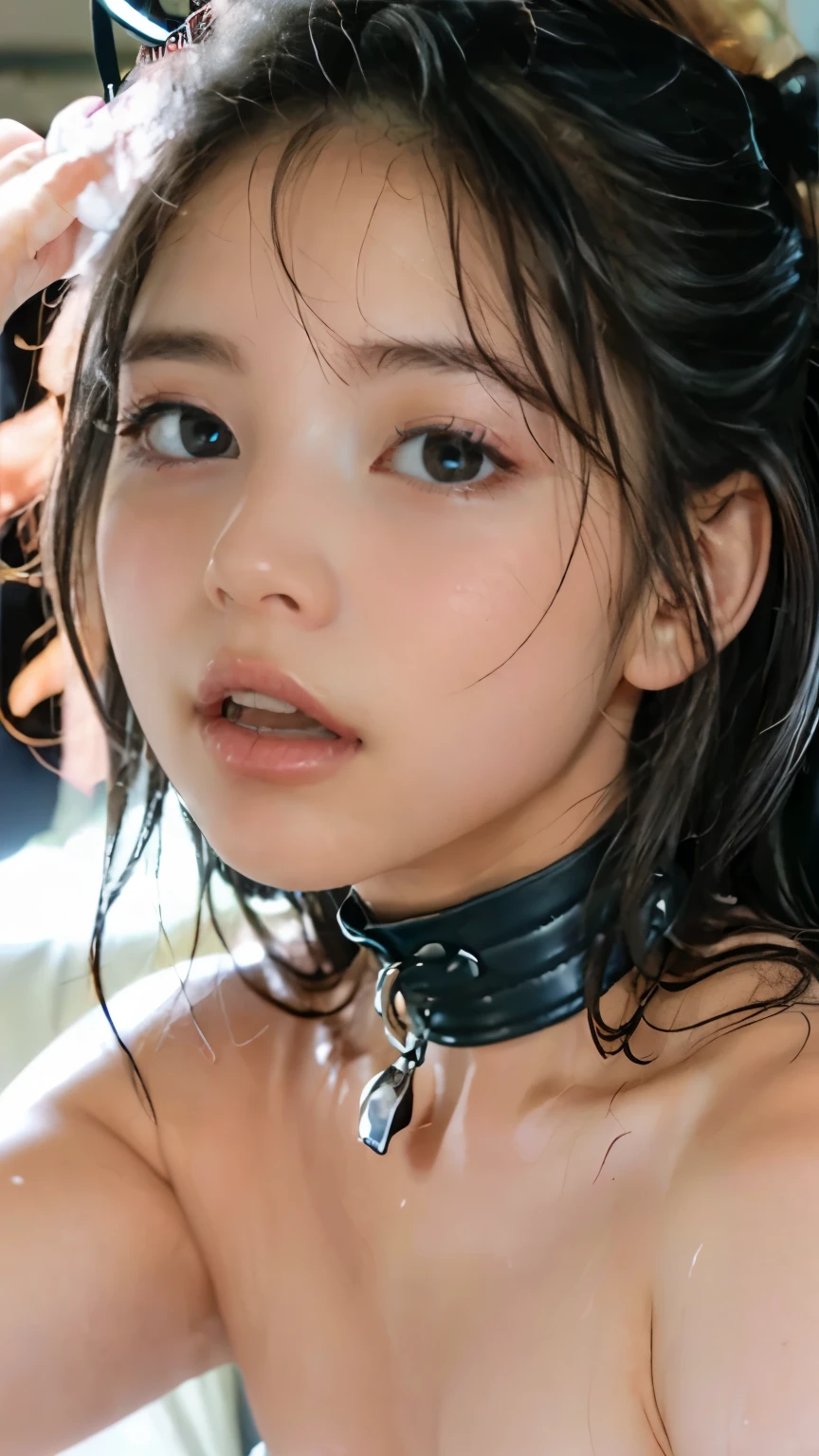 bikini,short shorts,(open mouth:1.5),(tongue out:2),Kneeling,Standing Upright,Hands between legs,Collar with leash,front view,face focus,from above(1girl,Beautiful  girl,teenager),(,Small breasts,Small face,)),(looking at viewer),Black Hair,bangs,one side up,Beautiful and detailed,(Dimly lit room:1.5),Luxurious bathroom
