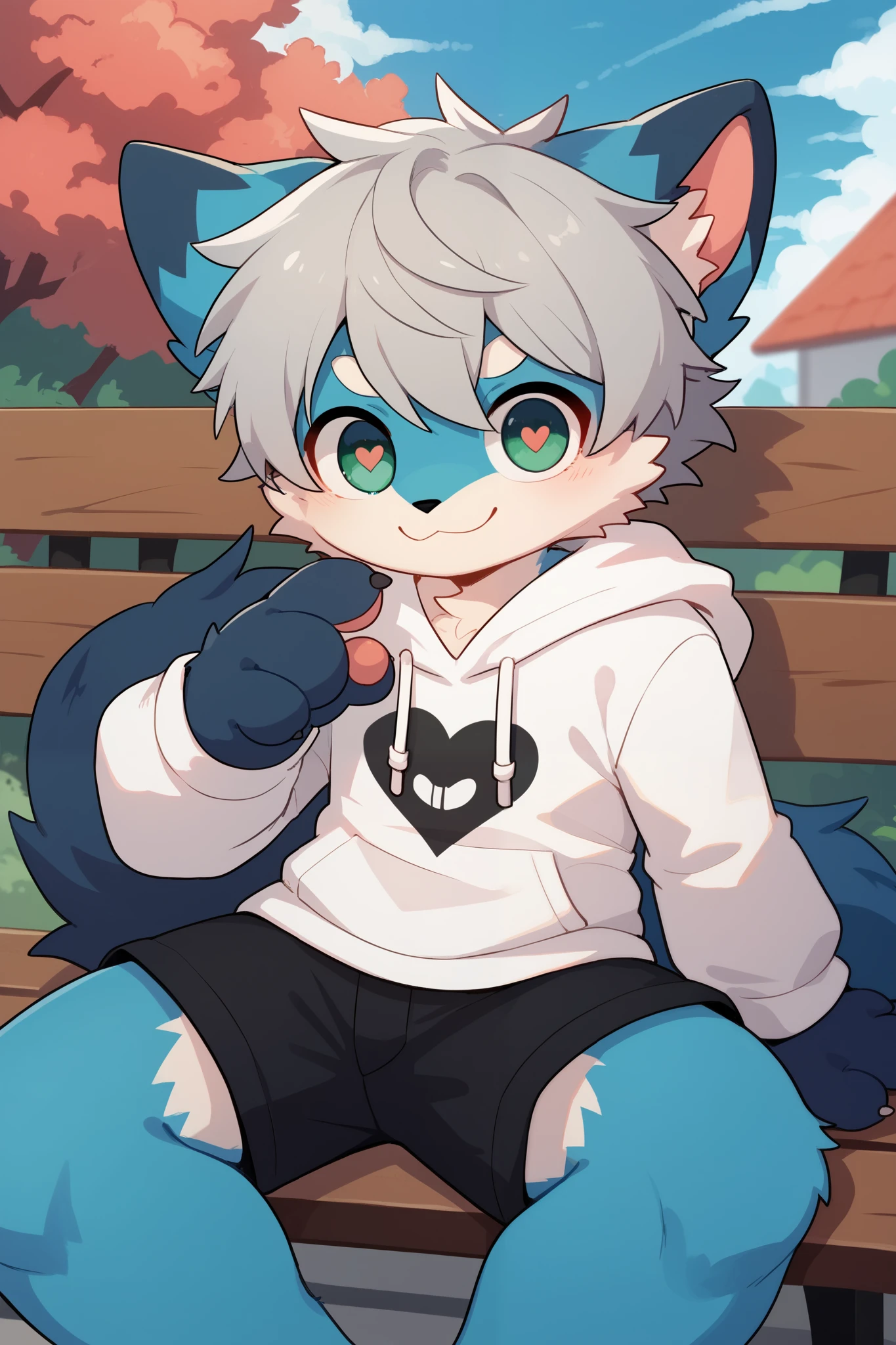     very detailedな,  very detailed,Blue fur,  gray hair,male,骨を見て  excited,Heart Eye,participate,  cute face,  sitting, fluffy fur , excited,Horny boy,Bench sitting,Beautiful sky,smile,  black shorts ,green and white hoodie outfit ,Alone,Dropped ears,My mental age ,want