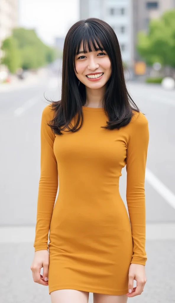 Nagahama_black, This image is a portrait of a young woman with dark hair and shoulder-length bangs. She is smiling broadly, looking straight into the camera, and wearing a tight-fitting ochre-colored dress. The background is blurred but appears to be an urban area with buildings and trees. The lighting is soft and natural, creating a bokeh effect. .(Full body: 1.2), ((Underwear line visible through tight skirt: 1.2)), nsfw