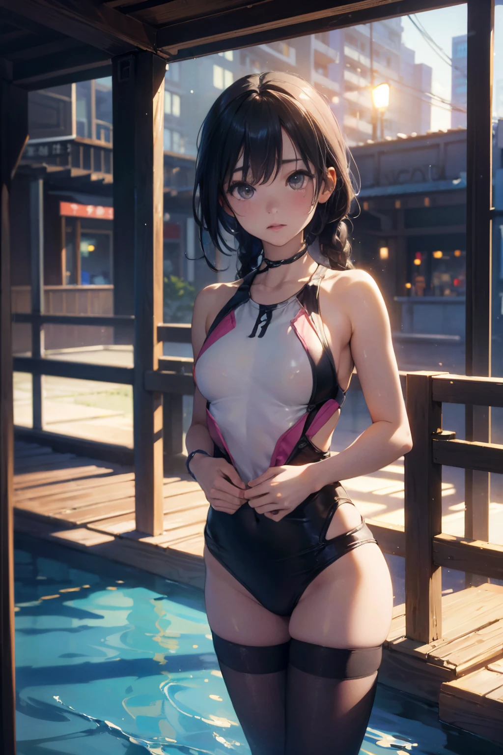 ​masterpiece, top-quality, Detailed details, Detailed landscapes, beatiful lights, Beautiful Shadows,girl with,18year old,((open one's legs)),(Stand on one knee),(scarface),detailed skin textures,((short-hair)),A dark-haired、Red bright eyes、((School swim wear)),in poolside,(school swimming pool),sitting on,blue-sky、llight rays、High contrast,((Oblique view from below))