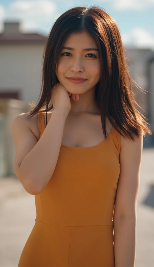 Nagahama_black, This image is a portrait of a young woman with dark hair and shoulder-length bangs. She is smiling broadly, looking straight into the camera, and wearing a tight-fitting ochre-colored dress. The background is blurred but appears to be an urban area with buildings and trees. The lighting is soft and natural, creating a bokeh effect. .(Full body:1.2), ((panties, Underwear line visible through tight skirt: 1.2)), nsfw