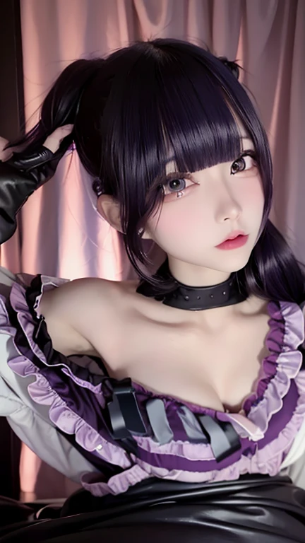 Pretty Cute Girl, s big eyes, Very long black hair., pink shirt, White veils, Purple-brown short skirt, thong