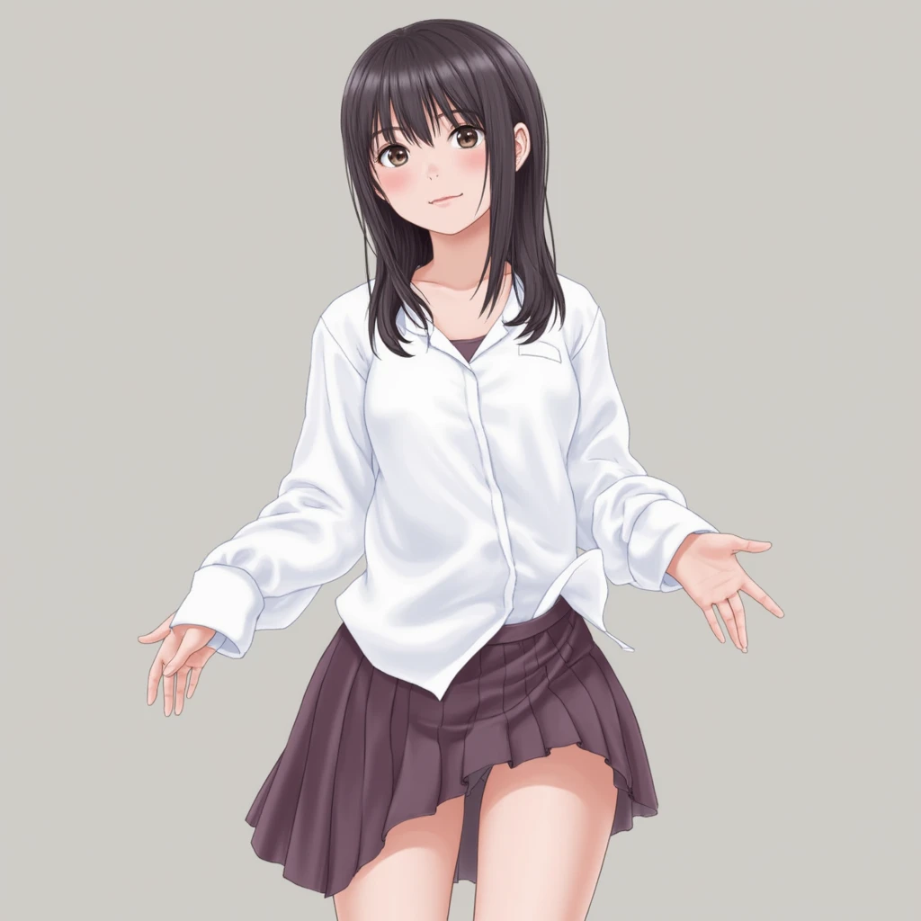 Full body. Her hair is straight and her bangs are half down. She is wearing a white collared shirt and looking straight into the camera with a serious expression. school uniform, skirt,Her features stand out. The whole atmosphere of the photo is calm and gentle, smiling, (full body, upskirt,panchira, panties:1.2),nsfw