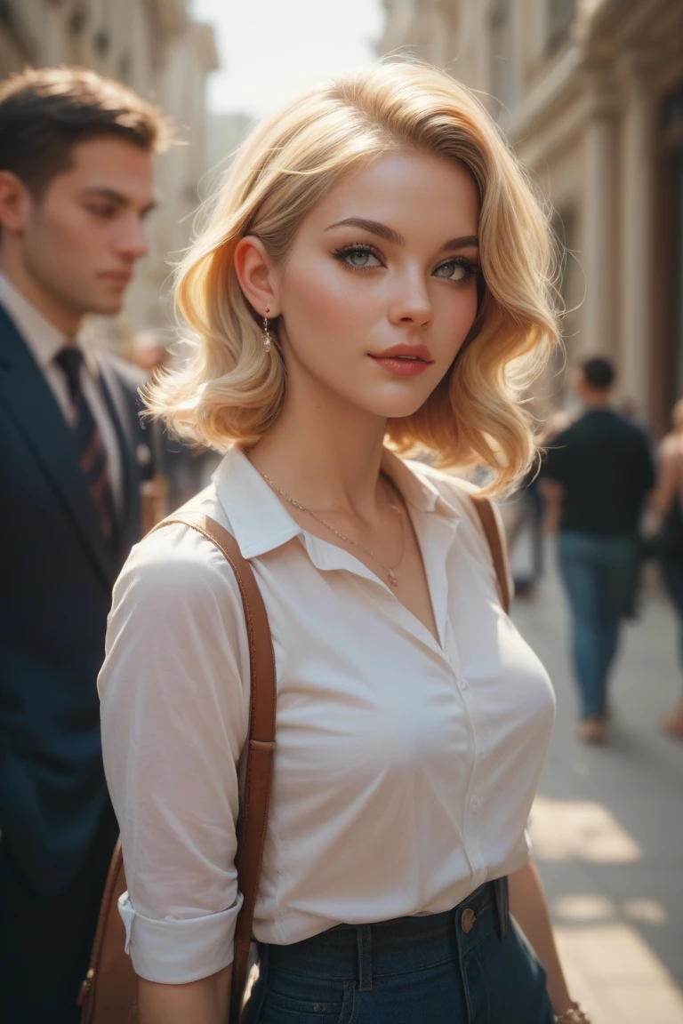 woman, blonde fluffy hair, dancer, elegant outfit, smug smile