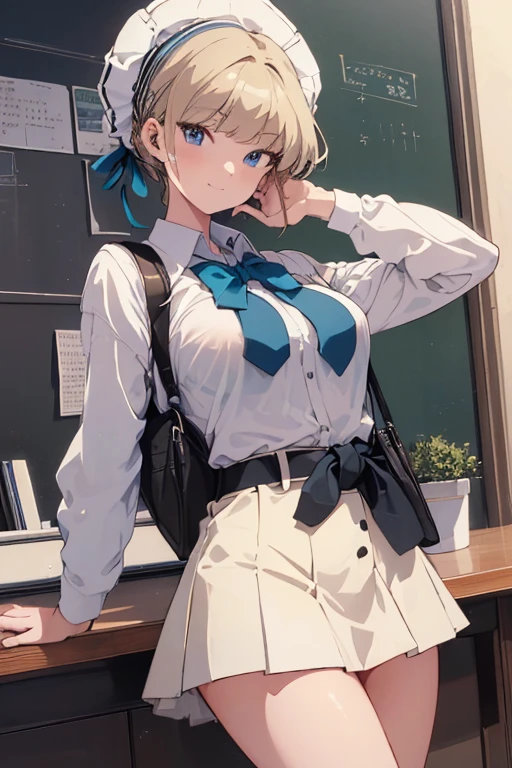 ( Greatest Masterpiece Quality ,  high res,   detailed background:1.25), (Alone, 1. High school girl:1.5), High School Uniform, At school, (nice,  boyish :1.25), (Big Breasts:1.35),  viewers, smile