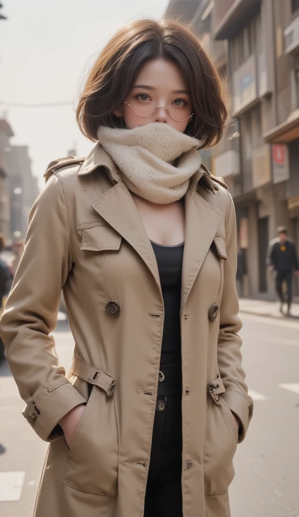  Female Robot.  and has a very well-groomed body .  wearing a beige trench coat and a white fluffy scarf.  The scarf is wrapped around her mouth .  The trench coat is not buttoned , heavy weaponsを掛けています.  Background, People walking down the street々The building is lightly drawn . very realistic photography style,masterpiece, 最 High Quality , 8k,  high res,  Ultra Details,, heavy weapons, Glowing Joints and Gaps , 新 super detailed ,  brightly colored ,  dynamic pose,  highly detailed face and eyes ,  Complex Machines 設計, Fantastic, Pastel Palette,  Photorealistic ,  cinematic lighting,  soft lighting,  chiaroscuro,  cinematic lighting, 8k, masterpiece, U high res, retina, masterpiece, Accurate,  anatomically correct,  textured skin ,  super detailed ,   high detail ,  High Quality ,  Award-winning , 最 High Quality ,  high res, SHORT BOB HAIRCUTS ,  medium breasts,  messy hair,  two-tone、I have my left hand in my coat pocket、 Complex Machines 