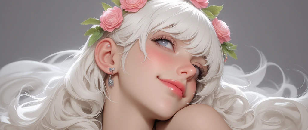 Full body photography, beautiful Caucasian young woman with white hair and a flower in her hair smiles at the camera. Best quality, superior  12k unbeatable resolution