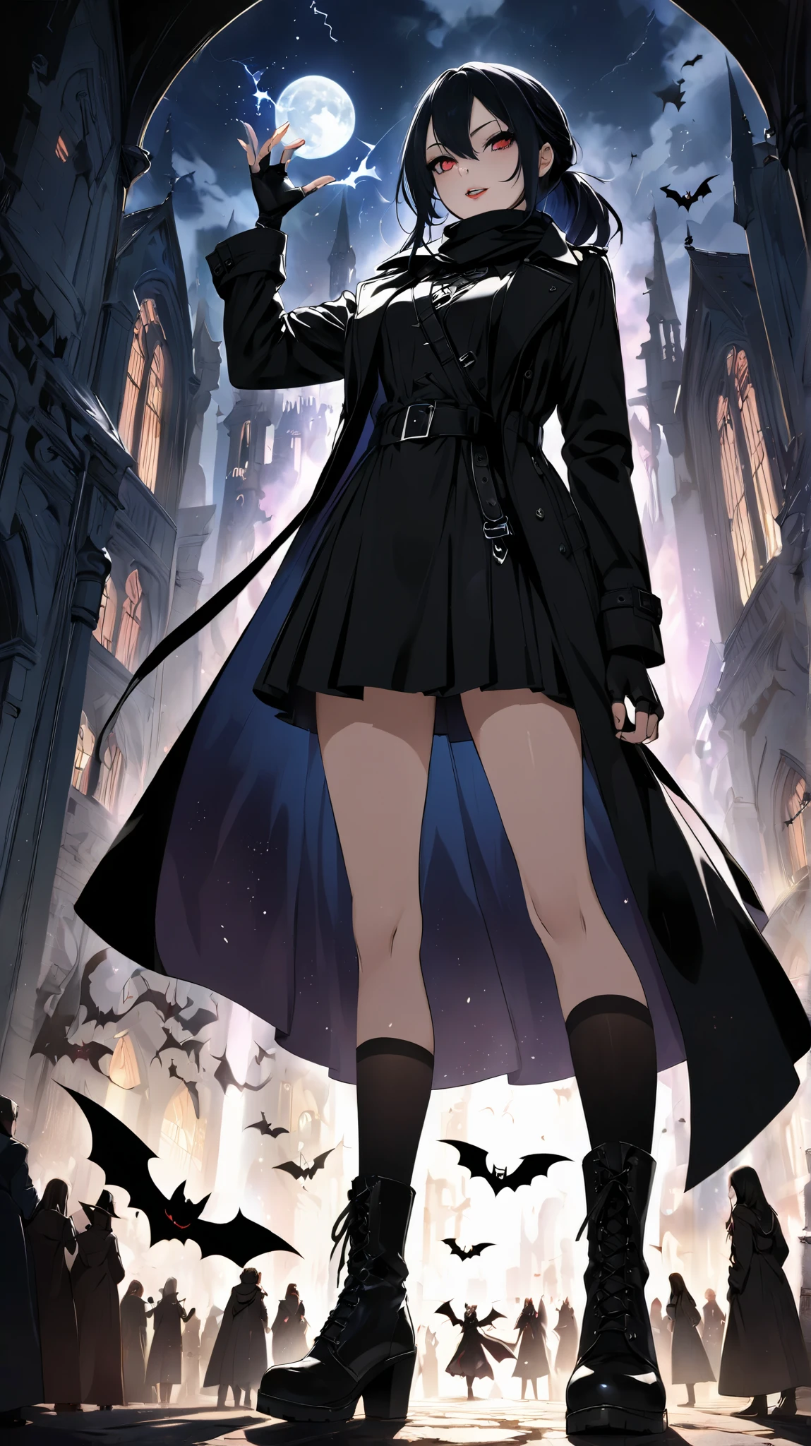 Focus on boot、Female vampire in trench coat, invoking magic with her whole body, bat composed of magical powers、solo focus,from below,, scarf, skirt, fingerless gloves, fluttering trench coat,boots, 、Detailed hand、Hand、Perfect hand ,low-angle view、side view、 Active Angles 、アクション、 dynamic composition 、Black knee socks、Stable_Yogis_Animetoon_Negatives、goth、Gothic
