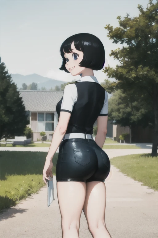 tpshiraki,red_cycling_uniform,looking_at_viewer,black eyes,smile,retro artstyle,short hair,bob cut,1girl,solo, full body, from behind, medium sized ass, white background, bubble butt,