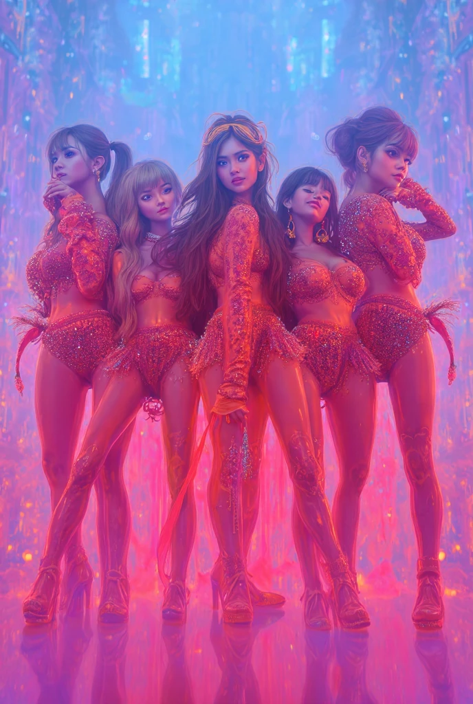 (Graceful Full Body of Extremely Detailed((Sexy Princesses Group in a row:1.37))), KAWAII perfect face with Reflective Eyes, Detailed(Delicate Clothing textures), Correct Graceful Legs, Dynamic Joyful Expressions LifeLike Rendering, Specular Reflection of mirrored floor, TopQuality 8K Ultra-detailed masterpiece (ProfessionalPhoto:1.37), (Acutance:0.8), (Luminism:1.28), (in Stained glasshouse full of light) (((Dazzling Colorful Rays from Elaborate Stainedglass:1.49))), (Full body from side) {Kissing Face to Face|Cute Peach AssFocus|(NakedApron with (Overflowing Sideboob))}, Radiant Fine Skin with Transparency, (Exposed:0.4) {Pink Hair|LightBlue Hair|Blonde|Pure White Hair|Liquid Hair|Red Shoes}, ((Perfect Lighting))