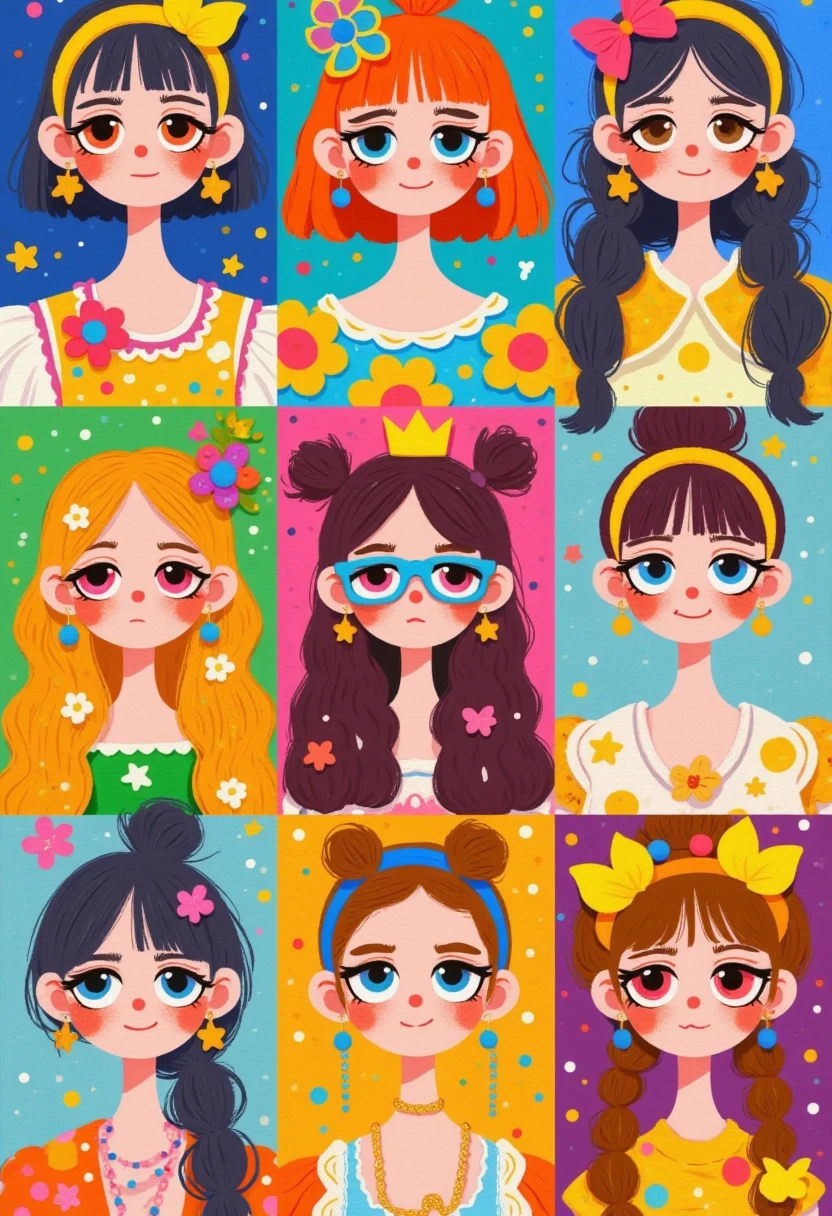 A grid of portraits, each depicting the cartoon character Patrick Star as different women with hair and eye colors ranging from red to black. The portraits have a flat design aesthetic, with bold colors and simple shapes. Each portrait is set against a solid background that complements the subject's skin tone. They all wear accessories such as glasses or headbands, indicating various styles of fashion, including long wavy hair, short curly blonde hair, buns, pigtails, and more, with an overall theme of colorful fun.