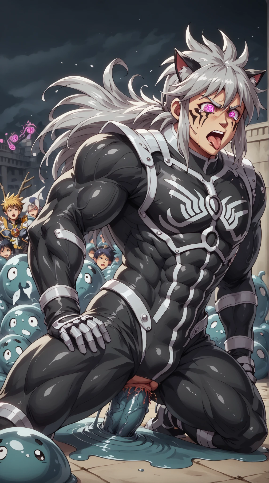 Toei animation style,((( huge muscles))),Confront the enemy, high definition な顔,Hyunckel, handsome, handsome,((Huge penis,Anal Sex 1.7)),Crying face, Silver Hair,,8k, high definition , Highest Masterpieces,Detailed description,Spiked Hair, Tall,Under eye paint,Countless black tentacles, stick out your tongue,Lean back, spider suit,ぺニスを揺らしながらejaculation, rape,Devilish Wings,Cat ears,Partially torn armor,((( black slime jumps to the solar plexus 1 ,8))), Open Big Mouth, unfocused eyes,A black tattoo under the eye，Muscular penis, rape,(((Shiny and shiny, long hair))), blood vessels, are attacked by a black aura like an immaterial haze,A warm sigh,Orgy, is wet all over,The devil takes over the body,Devil Boy Crowd,Harness, impending sexual activity,Lush green grassland, black bones break through my body,((( crawling and suffering,The veins on his body are very visible, mind control,Manipulate your body ,The black devil takes over the body, face paint )))