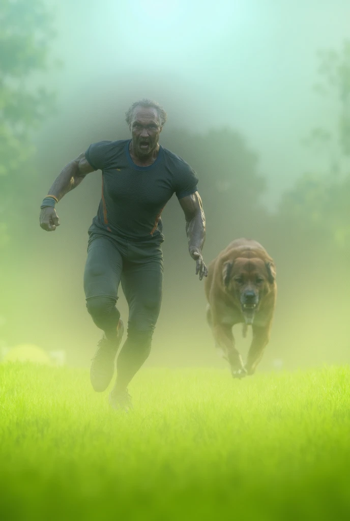 32k, cinematic, hyperrealistic, (masterpiece), high details, ultra-realistic, photograph of, <lora:rhyheimsv3:0.9> rhyheims, black man, bald, facial hair, dark skin, dark-skinned male, realistic, male focus, looking at viewer, wearing expensive performance apparel, hoodie, shorts, out for a (walk with his dog), golden hour lighting, morning