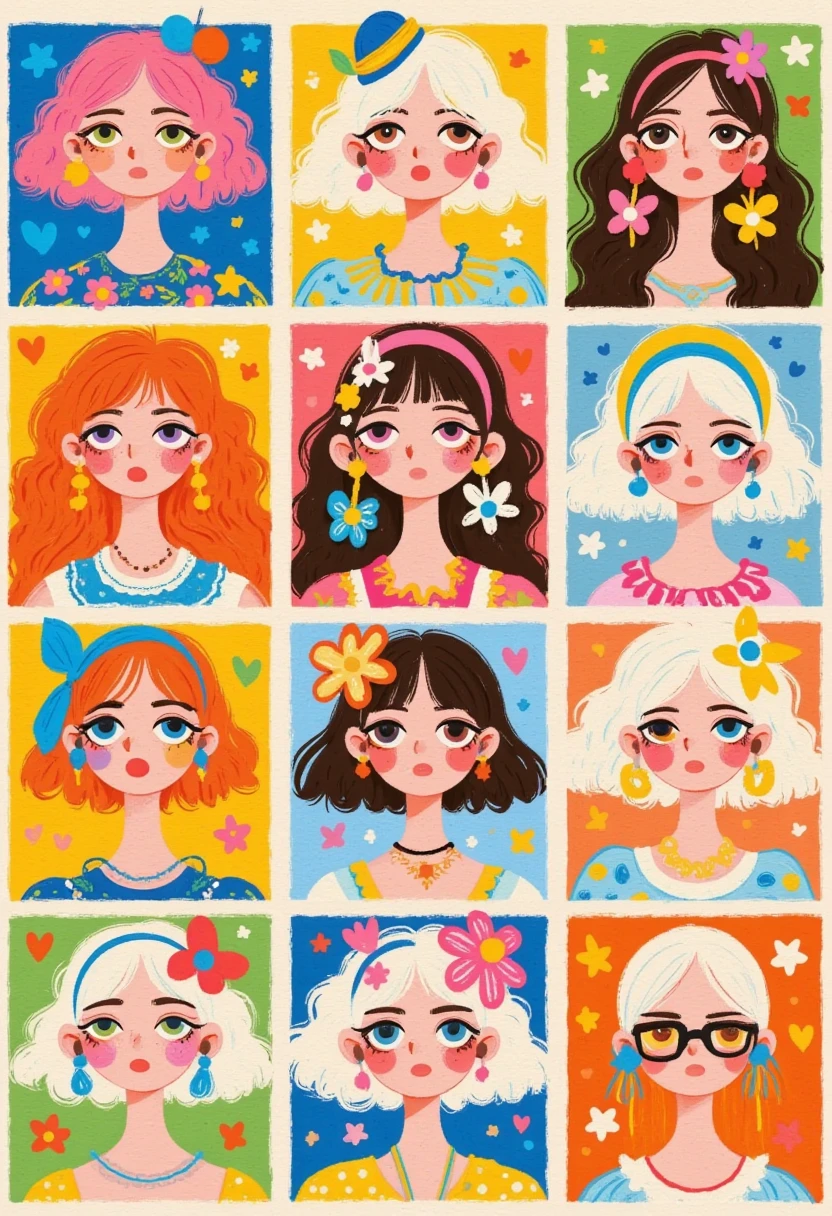 A grid of portraits, each depicting the cartoon character Patrick Star as different women with hair and eye colors ranging from red to black. The portraits have a flat design aesthetic, with bold colors and simple shapes. Each portrait is set against a solid background that complements the subject's skin tone. They all wear accessories such as glasses or headbands, indicating various styles of fashion, including long wavy hair, short curly blonde hair, buns, pigtails, and more, with an overall theme of colorful fun.