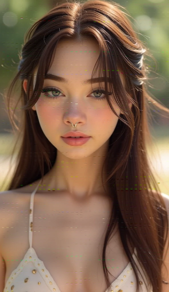 young girl, 32C breasts, cinematic, The portrait showcases a young (topless:1.6) with a shy and innocent demeanor, hazel eyes, sensual slim face, big lips, topless, white panties, Her hair is styled sleek and straight, elegantly framing her face with adorable long straight hair .Her face is illuminated by gentle lighting, highlighting her delicate features. The girl's eyes sparkle with a hint of curiosity and her lips form a subtle, shy smile. The background consists of a ourtoor nature autum scenery muted and warm-toned setting, providing a calm and serene atmosphere. The composition focuses on the girl's face, capturing the intricate details of her flawless skin, The overall image exudes a sense of tranquility and captures the innocence and gentleness of youth
