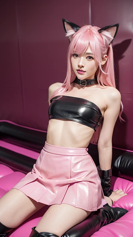 (8K, top-quality, masterpiece:1,2), (reallistic, Photorealsitic:1.37), Super Detail, One girl,), (Highly detailed), (beautifully detailed eyes), (of the highest quality), (super detailed ), (masterpiece), (Detailed face),20yr old, ,1 girl, ((pink hair,Very long hair)), medium breasts, clothed, Perfect Lighting, (smile:1.3), BREAK (black and red and white gradient rubber suit:1.4, Lots of embroidery ) ,(Gloss: 1.5), (coloful tights: 1.5), fitted silhouette, waistline accentuated, (pink high heels:1.3), simple accessories, choker, bracelet, (Lots of crests:1.5), ((chain, handcuffs, collar)) BRAKE (on all fours:1.5), (chest emphasized:1.5), against a background of a sophisticated interior space with glossy accents and bright colors. Illuminate the scene with soft pink light, gently enveloping the subject, enhancing the sensual ambiance.