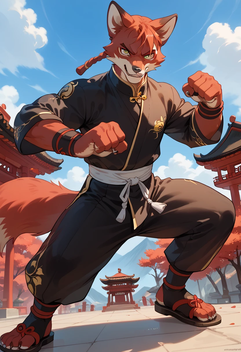 man, red fox, red fur, strong, yellow eyes, Kung Fu outfit, Kung Fu, fighter, Chinese temple background, blue sky