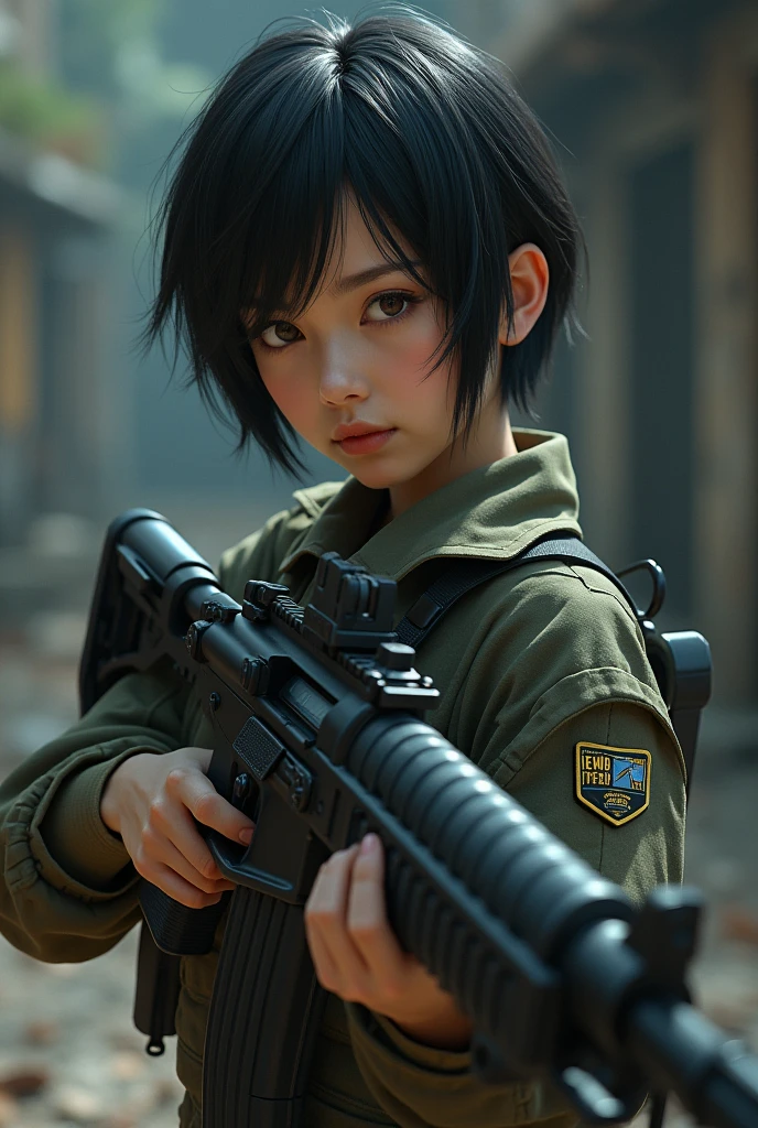survival game、Camouflage、survival gameのフィールド、A beautiful girl is holding a rifle、head to waste、