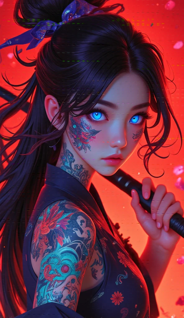 1girl,solo,long hair,looking at viewer,black hair,red eyes,jewelry,upper body,ponytail,sidelocks,earrings,sleeveless,from side,sweater,tattoo,turtleneck,portrait,turtleneck sweater,dragon,sideways glance,arm tattoo,black sweater,eastern dragon,(cyberpunk:1.2),realistic
masterpiece,newest,absurdres,sensitive,very aesthetic,<lora:fashigirl-v2-sdxl:0.65>,