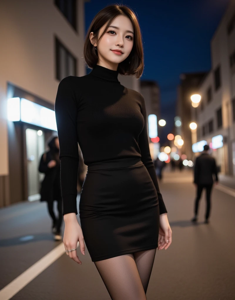 ( (((A beautiful woman))), ((a night cherry blossom)),(((detailed face))),(beautiful upper back), perfect body anatomy, hands on hips, huge breasts,pretty,sleeveless turtle neck, silky clothes, mini-skirt, 4k , super high resolution ,(photo-realistic: 1.7),dark background,black short hair, ((SFW)), cowboy_shot, bokeh, SFW)