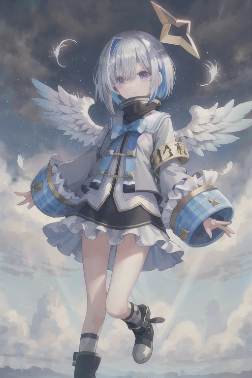  top quality ,  high res,  1 girl,  4 Kanata, star halo,  virtual YouTuber , Alone, Wings, halo, Feel the feathers,  angel,  angel Wings,  multi-colored hair,  colored inner hair,   asymmetrical hair,  single hair intake,  purple eyes,  bracelet ,  short hair ,  blue hair, White Hair,  boots, socks,  Long Sleeve , gray  jacket,  skirt,  bob cut,  jacket,  striped hair, bangs, frills, Black shoes,  wide sleeve, white wings, Mini Wing, black  skirt, One Hair Eyes, frilled  skirt, blue socks, on the wrist,  turtleneck dress on the wrist, short  skirt, mini  skirt, Blue Wings, [ Denim Lenses 