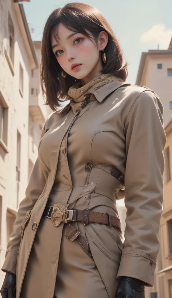  Female Robot.  and has a very well-groomed body . I'm wearing a beige trench coat and scarf.  The trench coat is not buttoned , Dress shirt and skirt 、heavy weaponsを掛けています.   The building in the background is lightly painted. portrait,masterpiece, 最 High Quality , 8k,  high res,  Ultra Details,, heavy weapons, Glowing Joints and Gaps , 新 super detailed ,  brightly colored ,  dynamic pose,  highly detailed face and eyes , Complex Mechanical Design, Fantastic, Pastel Palette,  Photorealistic ,  cinematic lighting,  soft lighting,  chiaroscuro,  cinematic lighting, 8k, masterpiece, U high res, retina, masterpiece, Accurate,  anatomically correct,  textured skin ,  super detailed ,   high detail ,  High Quality ,  Award-winning , 最 High Quality ,  high res, SHORT BOB HAIRCUTS ,  medium breasts,  messy hair,  two-tone、I have my left hand in my coat pocket、 I'm wearing headphones 、 Japanese woman