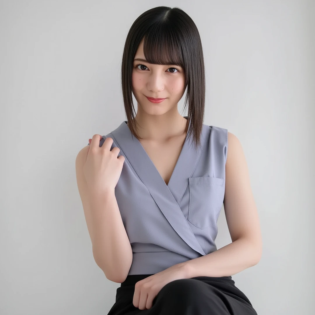 ((( High resolution,top quality, super detailed, Masterpiece , very detailed,realistic,real person,Ultra detailed skin))) ,simple background, from front, medium shot, , looking at viewer , light smile, ,(standing), leaning forward, v-arms,black hair, medium hair, medium breasts, cleavage,v-neck,blouse, skirt