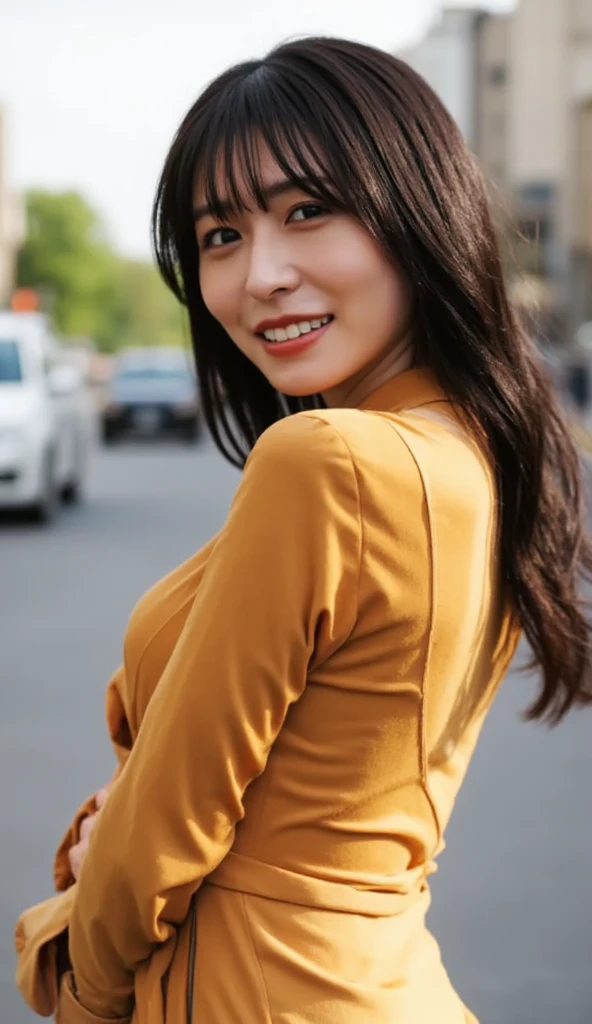 Nagahama_black, This image is a portrait of a young woman with dark hair and shoulder-length bangs. She is smiling broadly, looking straight into the camera, and wearing a tight-fitting ochre-colored long dress. The background is blurred but appears to be an urban area with buildings and trees. The lighting is soft and natural, creating a bokeh effect. .(Full body,from back:1.2), ((panties, panties line visible through tight skirt: 1.2)), ((nsfw)), panty line