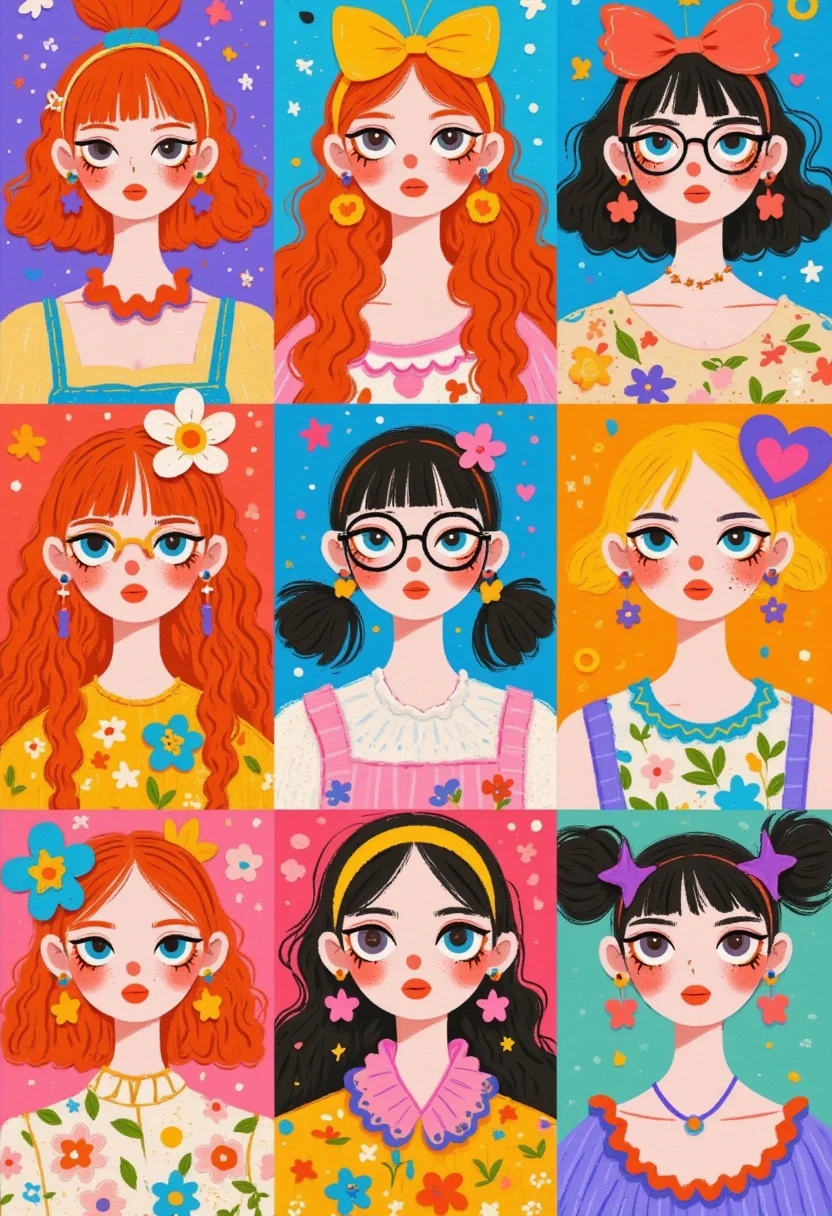 A grid of portraits, each depicting the cartoon character Patrick Star as different women with hair and eye colors ranging from red to black. The portraits have a flat design aesthetic, with bold colors and simple shapes. Each portrait is set against a solid background that complements the subject's skin tone. They all wear accessories such as glasses or headbands, indicating various styles of fashion, including long wavy hair, short curly blonde hair, buns, pigtails, and more, with an overall theme of colorful fun.