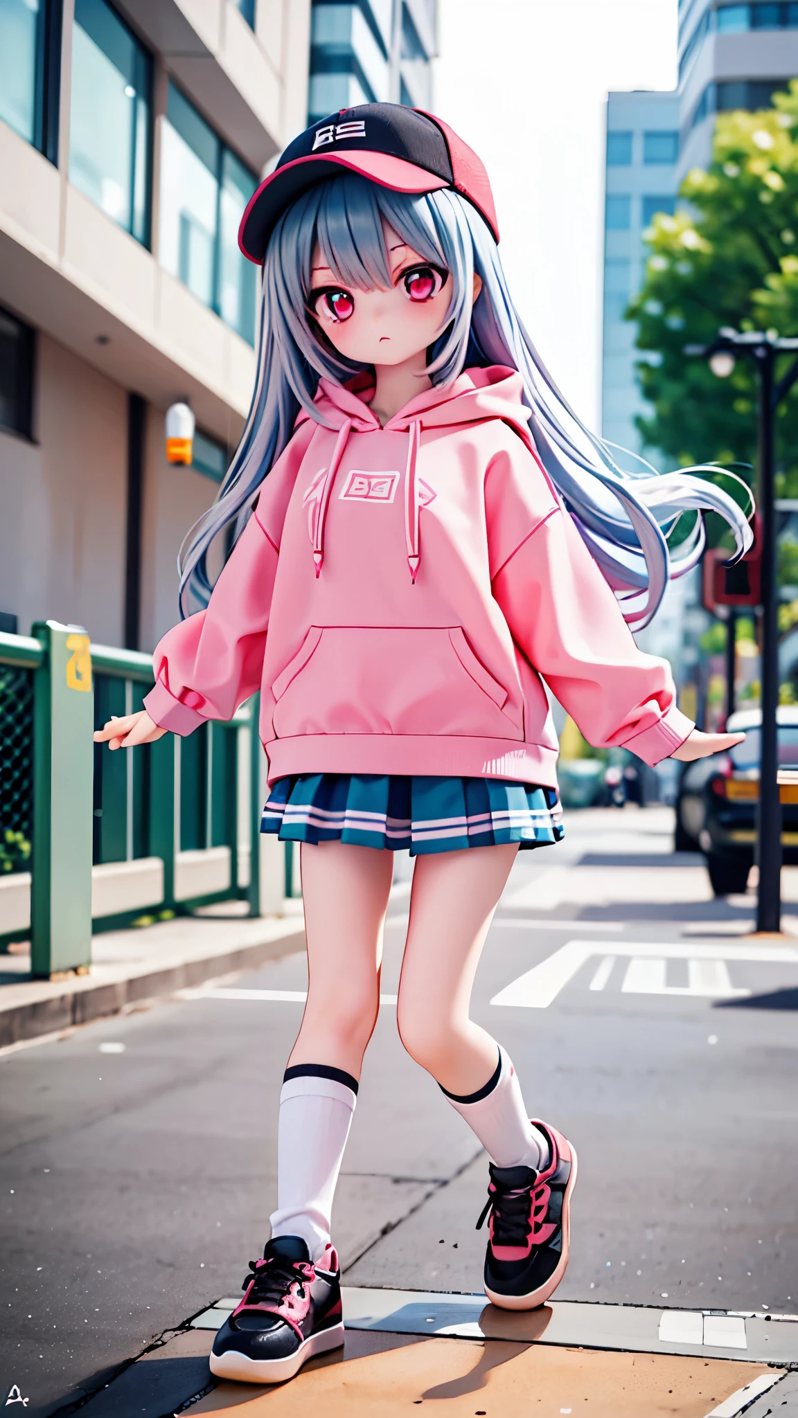 digital world，Light blue long hair， Pink eyes ，pink hoodie ， white over-the-knee socks，Leg ring，Sports shoes， Baseball Cap ，skateboard，Street Style，Character Design，（ blank background）