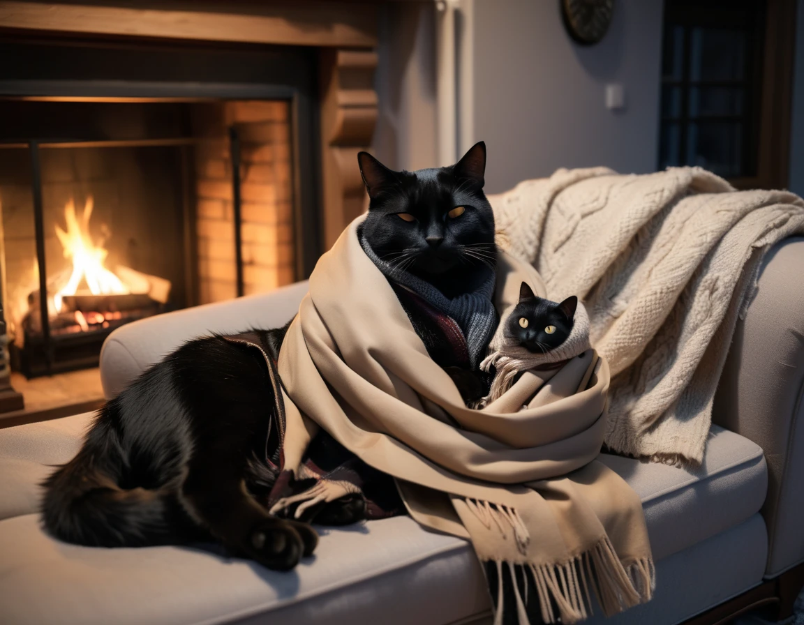 Anime, theme "Trench coat and scarf", trench coat and scarf are thrown away on the sofa in the living room with a fireplace, black cat curled up and sleeping on the trench coat and scarf, cute scene, black cat is careless and crumpled expensive trench coat, relaxing winter night, 8K quality