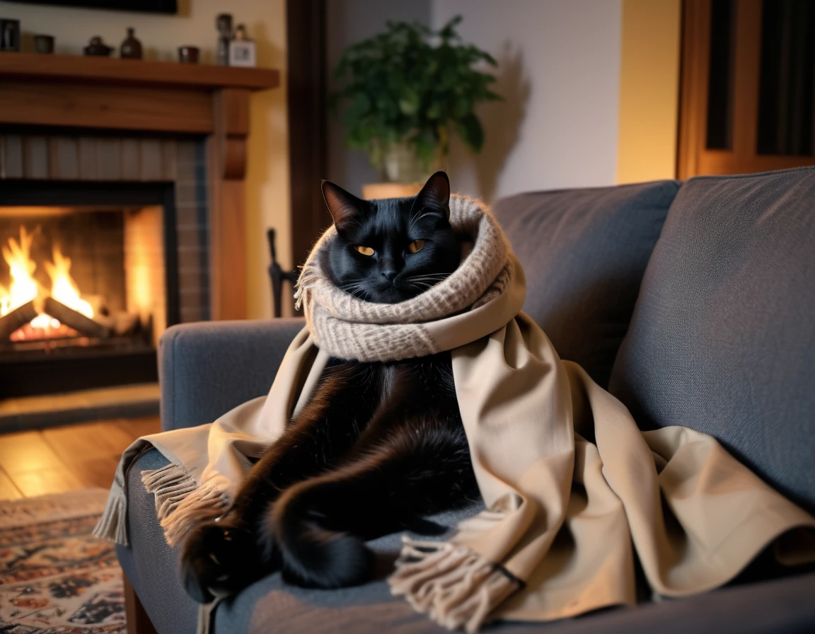 Anime, theme "Trench coat and scarf", trench coat and scarf are thrown away on the sofa in the living room with a fireplace, black cat curled up and sleeping on the trench coat and scarf, cute scene, black cat is careless and crumpled expensive trench coat, relaxing winter night, 8K quality