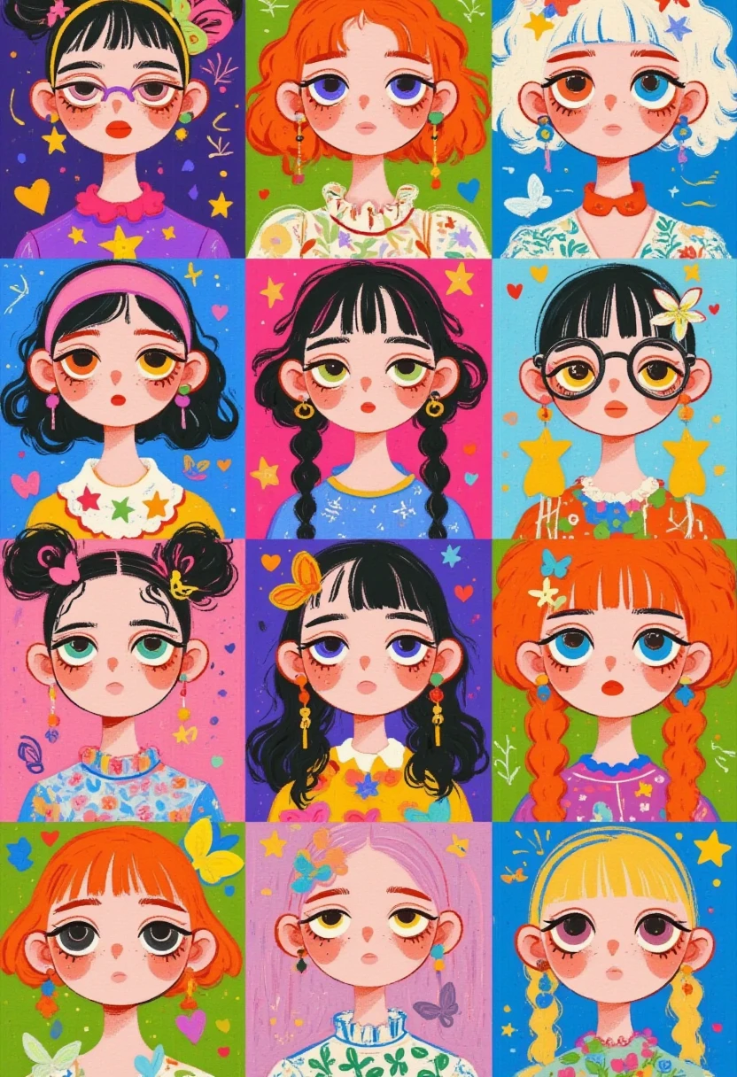 A grid of portraits, each depicting the cartoon character Patrick Star as different women with hair and eye colors ranging from red to black. The portraits have a flat design aesthetic, with bold colors and simple shapes. Each portrait is set against a solid background that complements the subject's skin tone. They all wear accessories such as glasses or headbands, indicating various styles of fashion, including long wavy hair, short curly blonde hair, buns, pigtails, and more, with an overall theme of colorful fun.