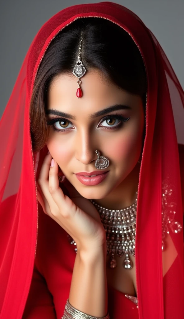 (masterpiece, best quality:1.2), 1girl, solo, stunning beauty,sexy indian, body facing camera, nose ring nathuni,earring, navel ring, wearing red bridal veil,