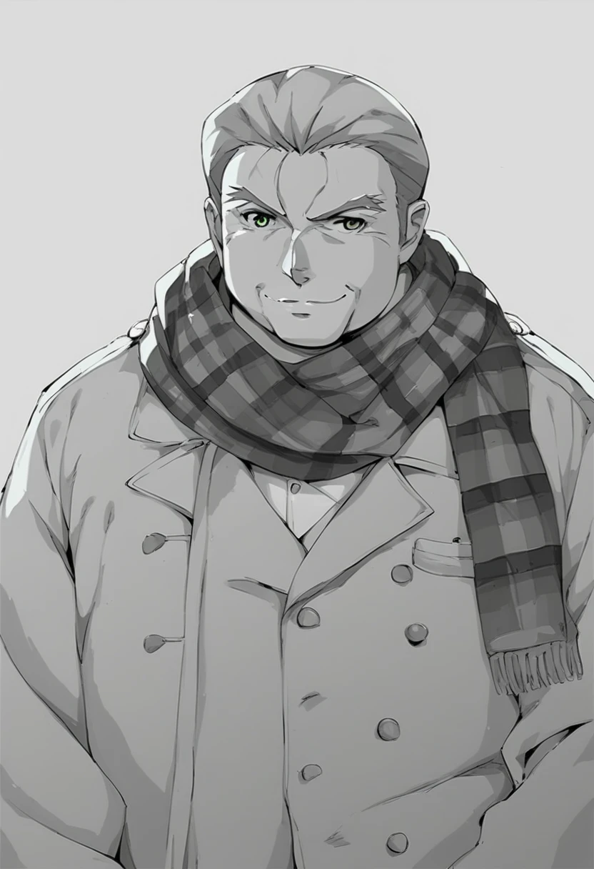 score_9, score_8_ up, score_7_ up,  1 boy , (Oishikuraudo), elder, Fat,  plump, old,  watch ,  gray hair,  hair slicked back,  green eyes, ( Trench Coat ), wool material , black, ( Plaid Scarf ), Traditional style , Retro, Vintage feel, Film Noir Style ,  MONOCHROME 